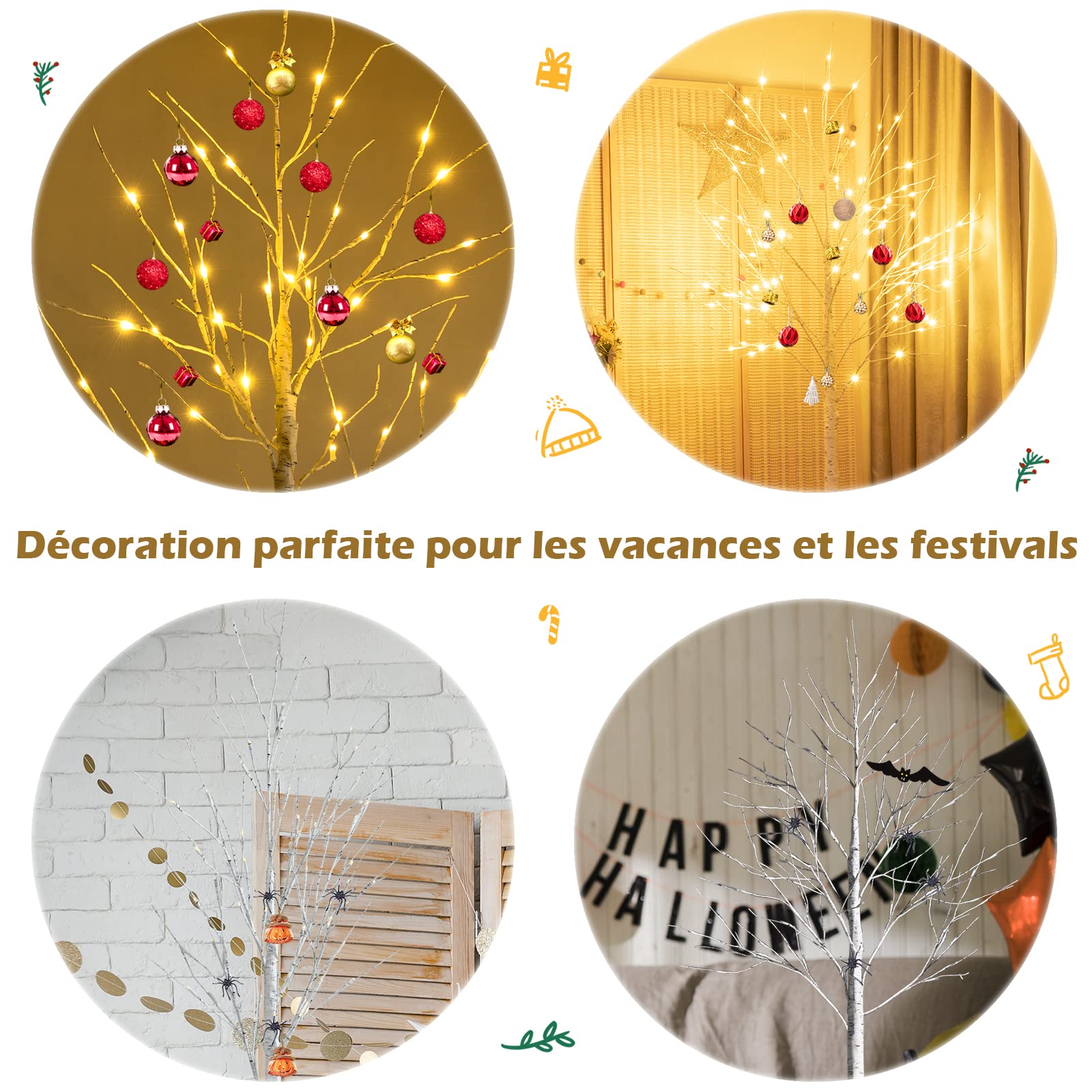 COSTWAY Arbre Lumineux Noel, Arbre Bouleau Lumineux 180 cm, 96 LED Lumineux Blanc Chaud, Base Plastique, Décoration Intérieur pour Noël