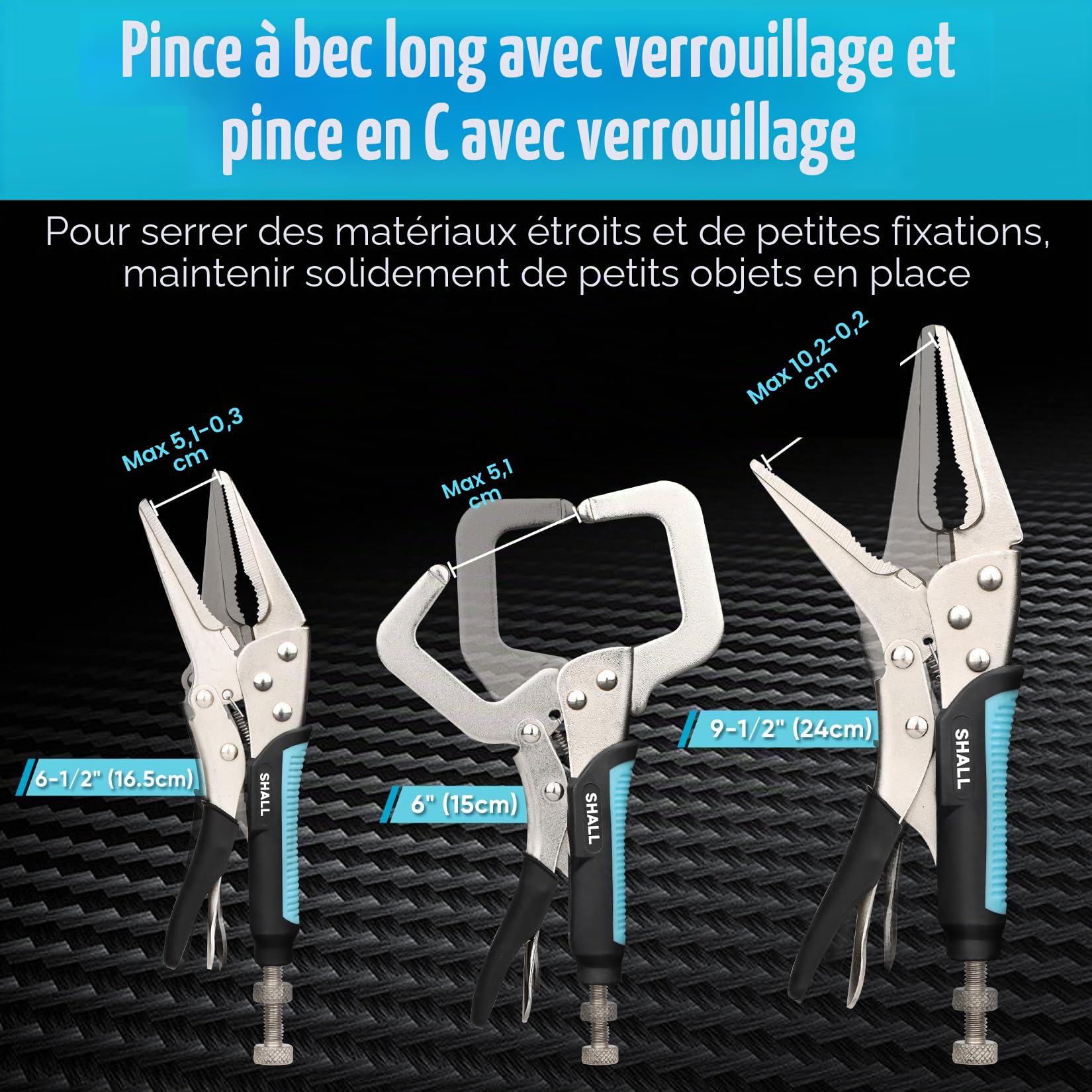 SHALL Lot de 6 pinces de verrouillage, pinces à étau à mâchoire incurvée de 12,7 cm, 17,8 cm et 25,4 cm, pince de verrouillage à long bec de 15,2 cm, poignée TPR bicolore, pochette enroulable incluse