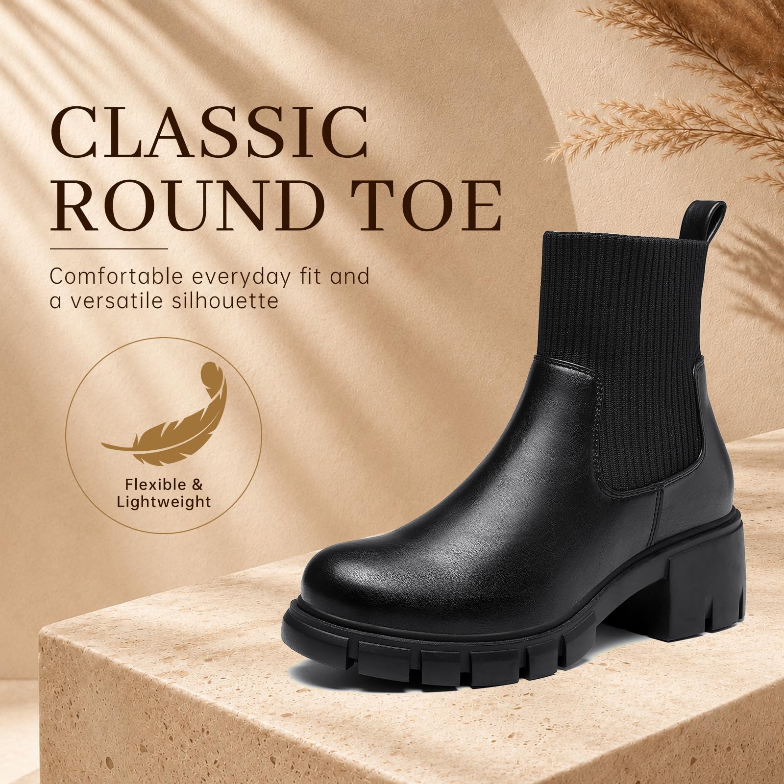 ziitop Damen Chelsea Boots mit Reißverschluss Chunky Plateau Stiefeletten mit Blockabsatz Profilsohle elastischem Einsatz und runder Zehe
