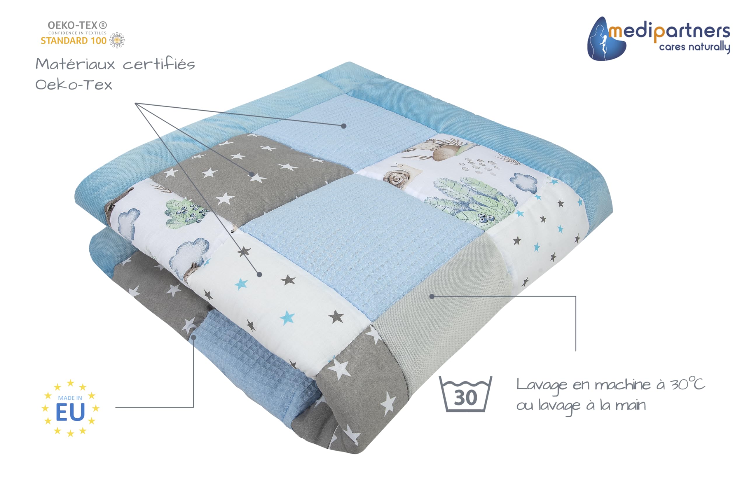 Medi Partners Tapis d'éveil Bebe de Sol Motricité bébé Parc Enfant Jeux 100x100cm - 100% Coton Couverture Naissance Pliable Multifonctionnel Mat Épais Doux Eveil Oeko-Tex (Cerfs et hérissons) - 2