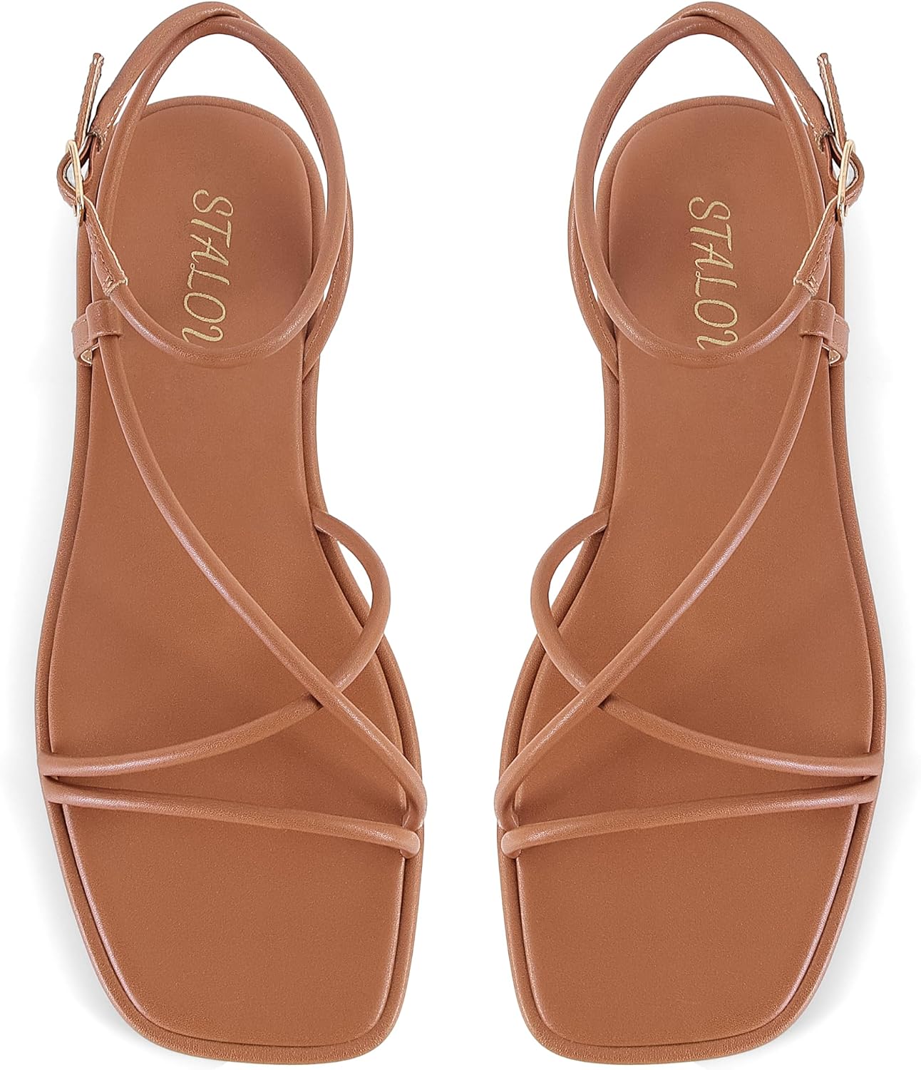 STALOV Strappy Flat Sandals for Women Square Open Toe Leather Ankle Strap Flats Sandals Comfortable Beach Summer Shoes