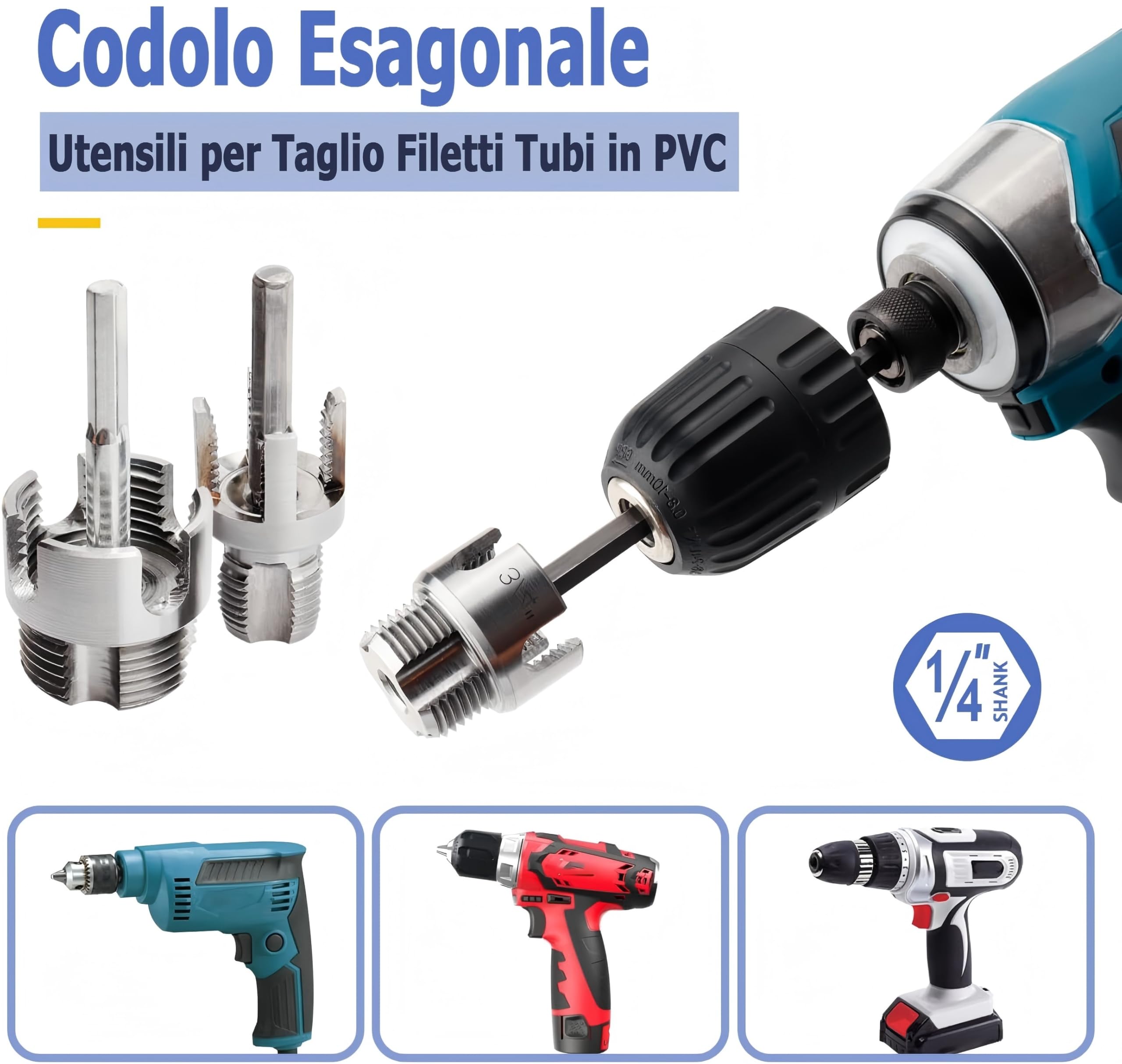 Mesee Kit per Filettatura Tubi PVC, Strumento per Filettatura Interna ed Esterna Integrata, Compatibile con Trapano Elettrico, Adatto per Tubi PVC/PPR da 1/2", 3/4", 1", per Installazioni e Riparazion