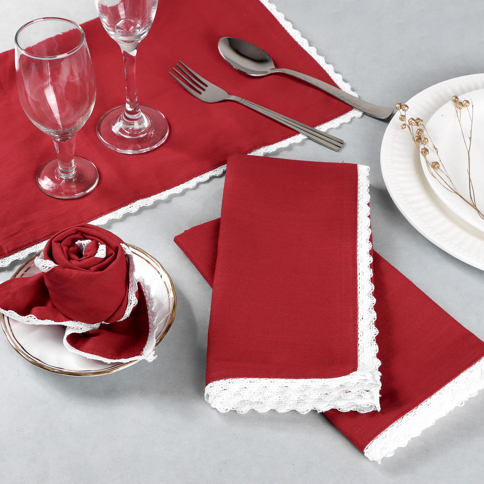 FINGERCRAFT Tovaglioli di stoffa in misto cotone, confezione da 12 pezzi, vintage, rustici, di alta qualità, con angoli smussati, con elegante pizzo per uso quotidiano, pre-ristretti e buona