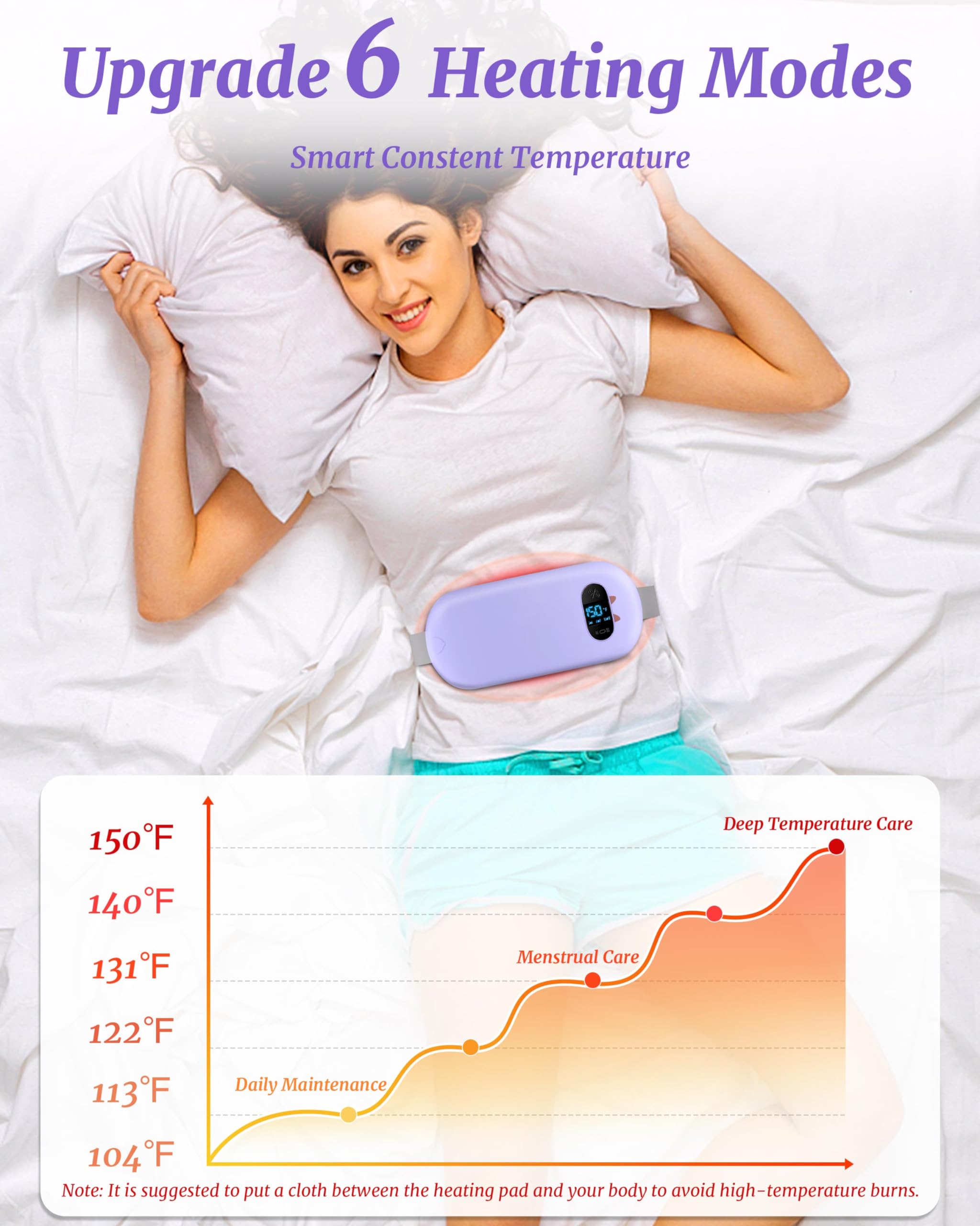 Heat Pad for Period Pain Relief Upgraded 6 Heat Massage Modes Electric Fast Heating Pad for Lower Back Pain Cramp Heated Belt Menstrual Rechargeable USB Heating Pad Gifts for Women Girls Her Purple - Image 4
