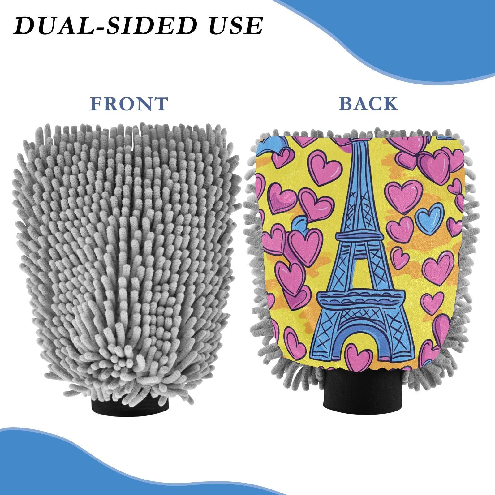 STAYTOP Eiffel Tower with Hearts Car Wash Mitt Microfiber, 2Pcs Scratch Free Lint-Free, Premium Chenille Microfiber Mitt Car Wash Brush-L