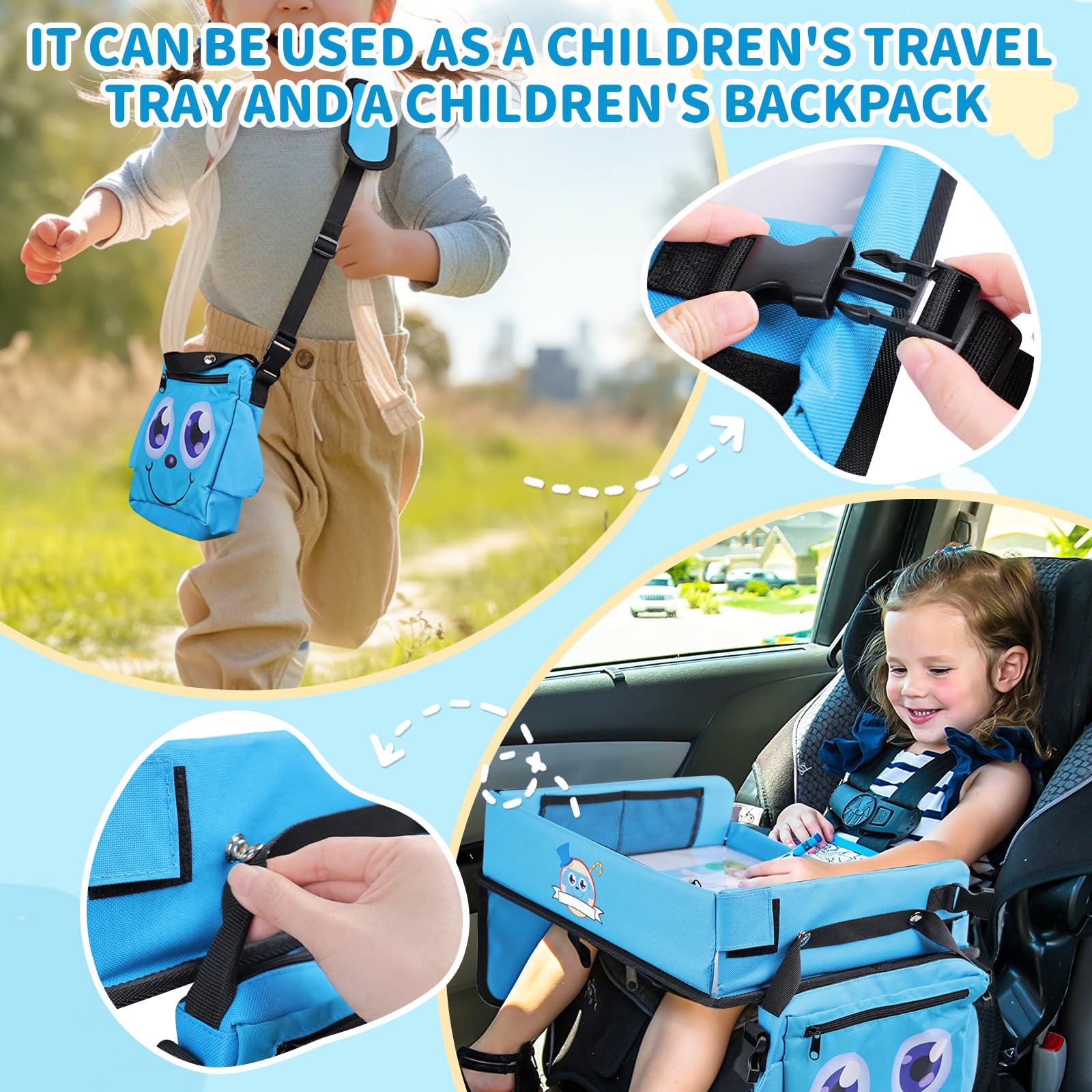 Plateau de voyage, plateau de siège auto avec surface de dessin effaçable transparent, plateau d'activité multifonctionnel avec 6 stylos et 5 cartes à dessin