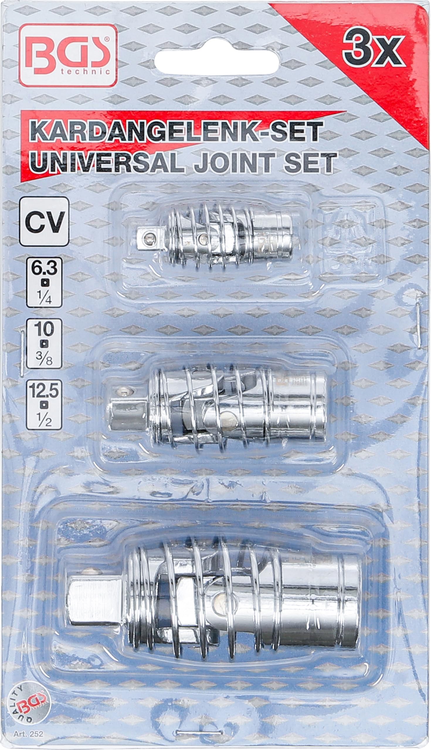 BGS 252 | Zestaw przegubów Cardana | ze sprężyną | 6,3 mm (1/4") / 10 mm (3/8") / 12,5 mm (1/2") | 3 szt.