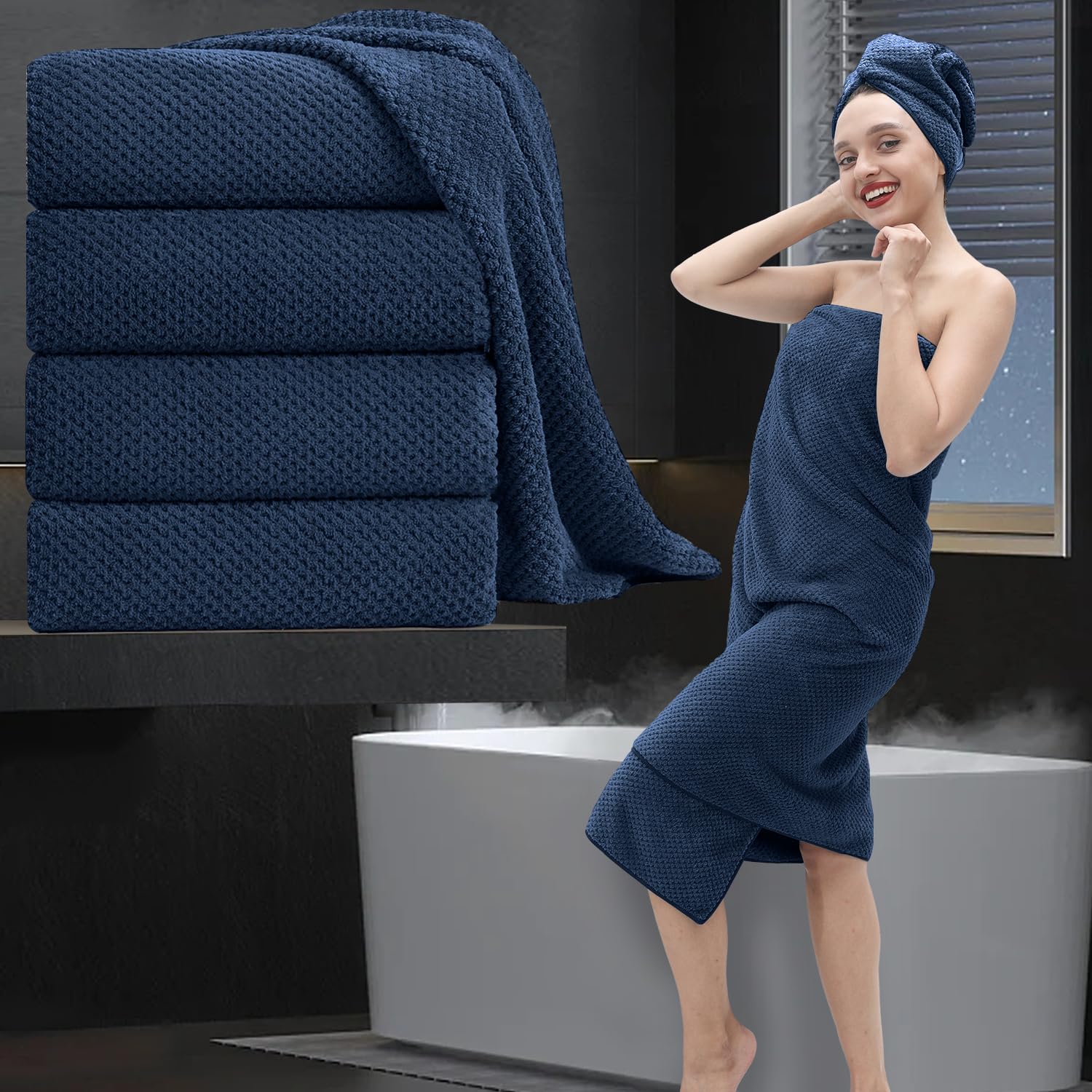 Bath Towel Set 4 Piece Oversized Bath Sheet 35"x70”Extra Large Bath Towel Soft Fluffy Microfibers Towel Set for Bathroom Hotel Highly Absorbent Quick Dry Bathroom Towel,600GSM Luxury Shower Towel Navy — image 1