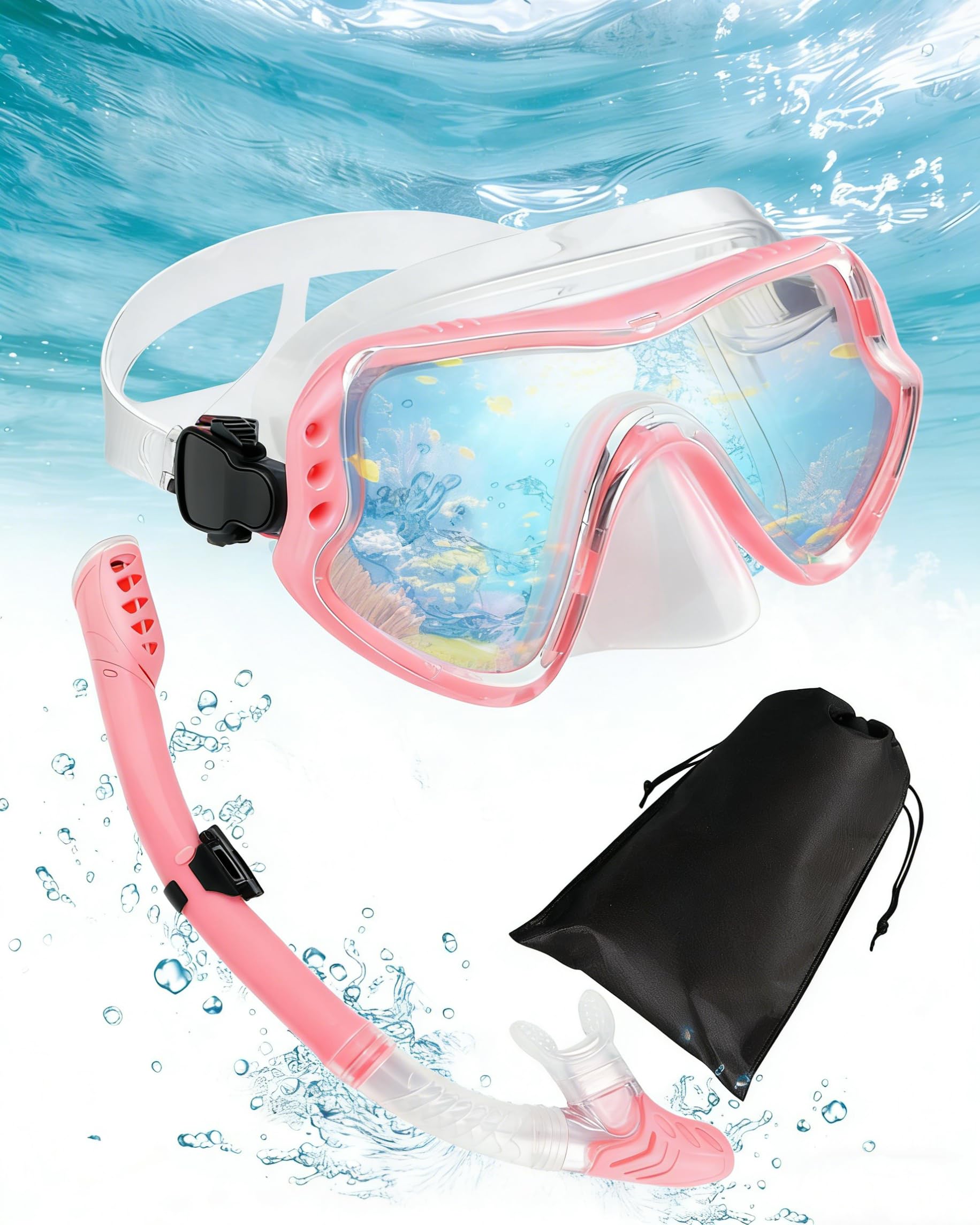Snorkelling Set Adults, 180° Panoramic Anti-Fog Tempered Glass Snorkel Mask with Dry Top Snorkel – transparent pink