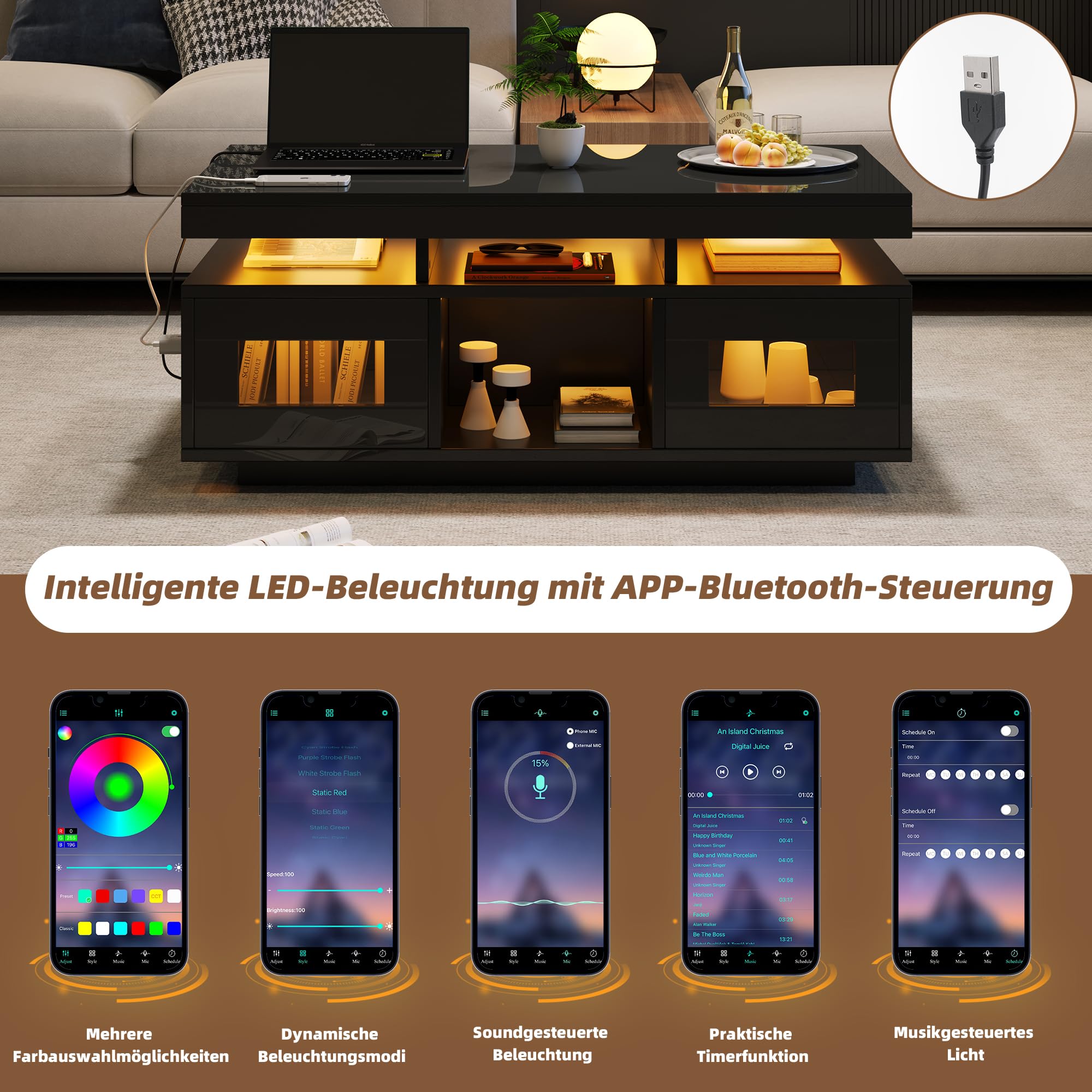 Merax Couchtisch Schwarz, Wohnzimmertisch Hochglanz mit LED Beleuchtung, Beistelltisch Kaffeetisch mit Schrank & Offene Staufächer, Sofatisch mit Ladeanschluss, Rechteckiger Mitteltisch, 100×50×43cm