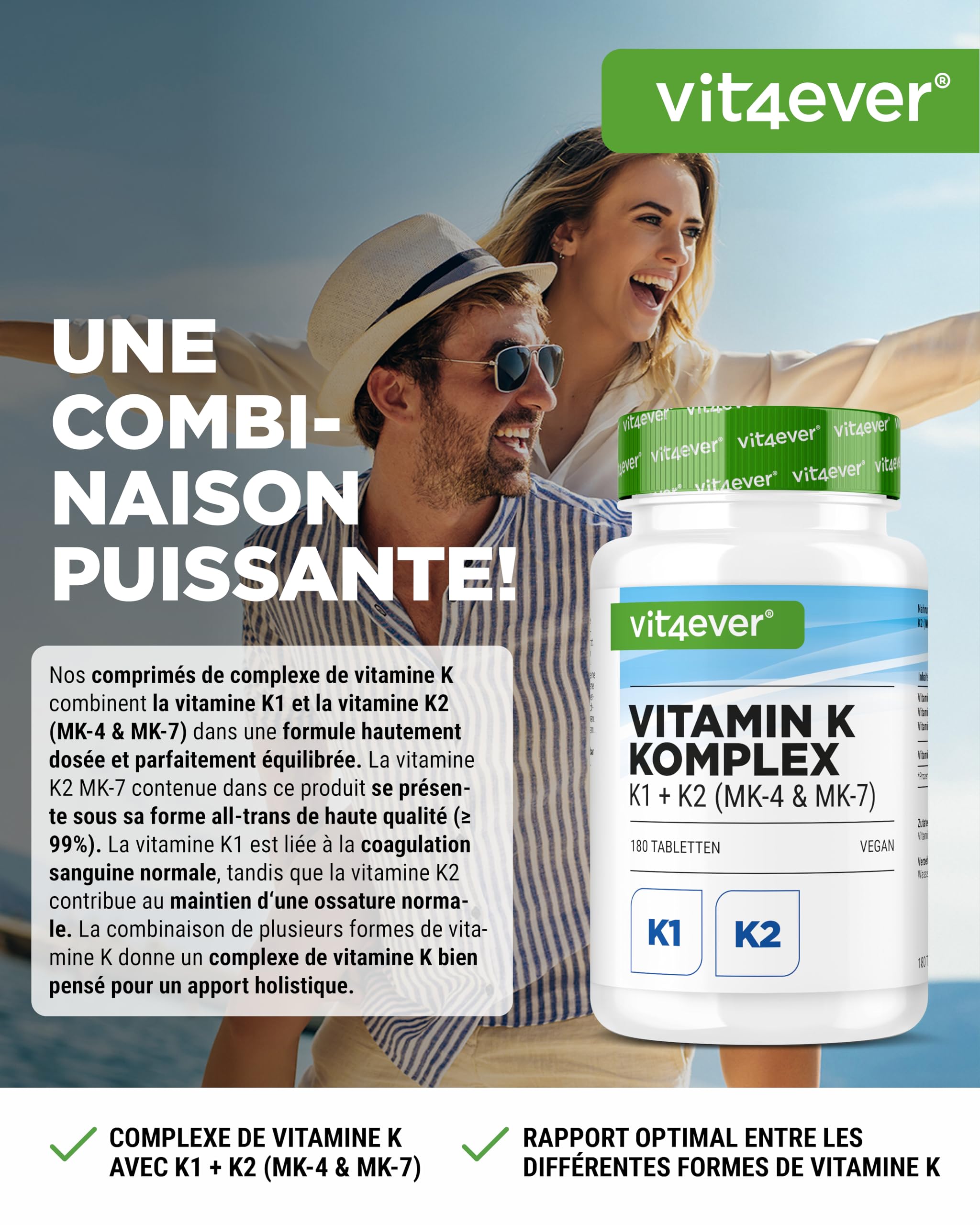 Complexe Vitamine K - 180 Comprimés - Hautement Dosé avec 1 000 µg de Vitamine K1 + K2 Ménaquinone (1 000 µg MK4 + 200 µg MK7) - Sans additifs inutiles, Vegan