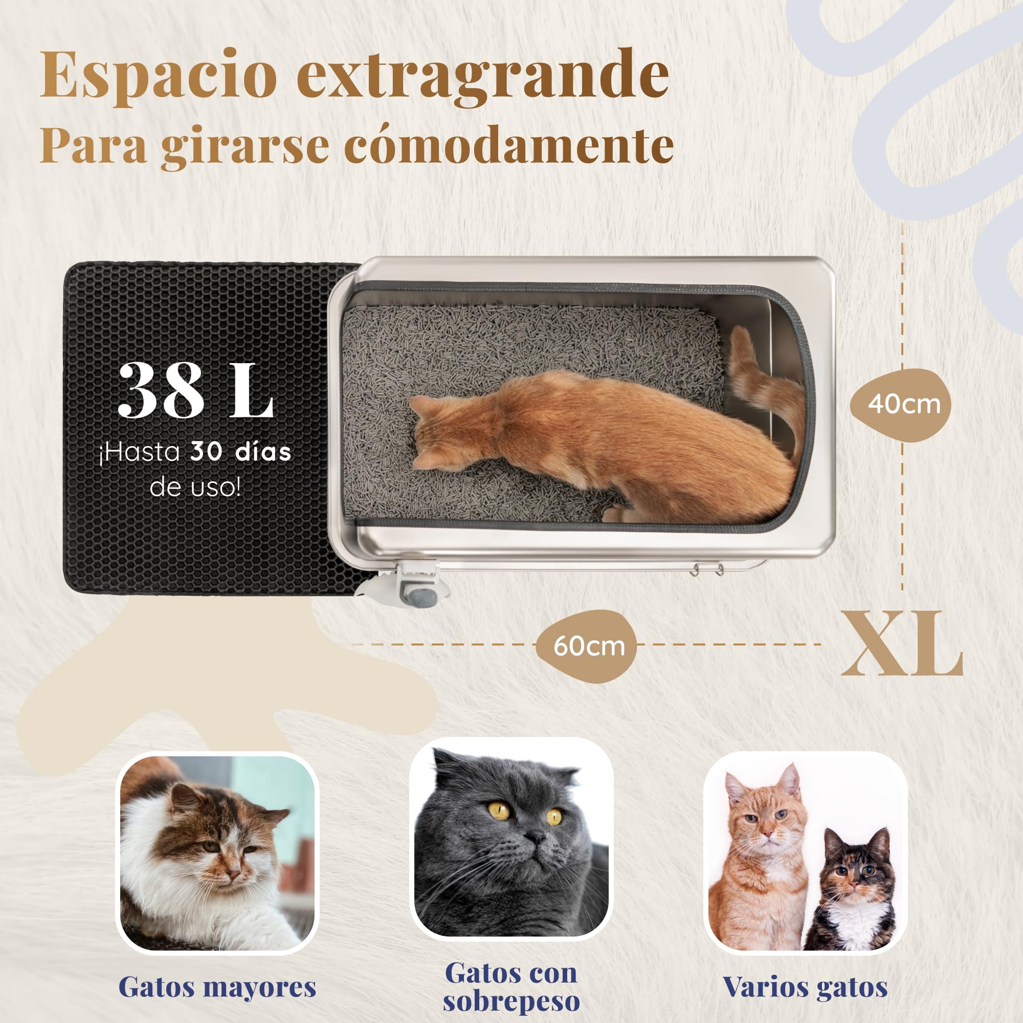 Arenero Acero Inoxidable Gatos – Caja de Arena para Gatos XXL – Capacidad de 38 L – Superficie Antiadherente – Sin olores y Antiadherente – Incluye Pala para Arena y Alfombrilla – 60 × 40 × 32 cm