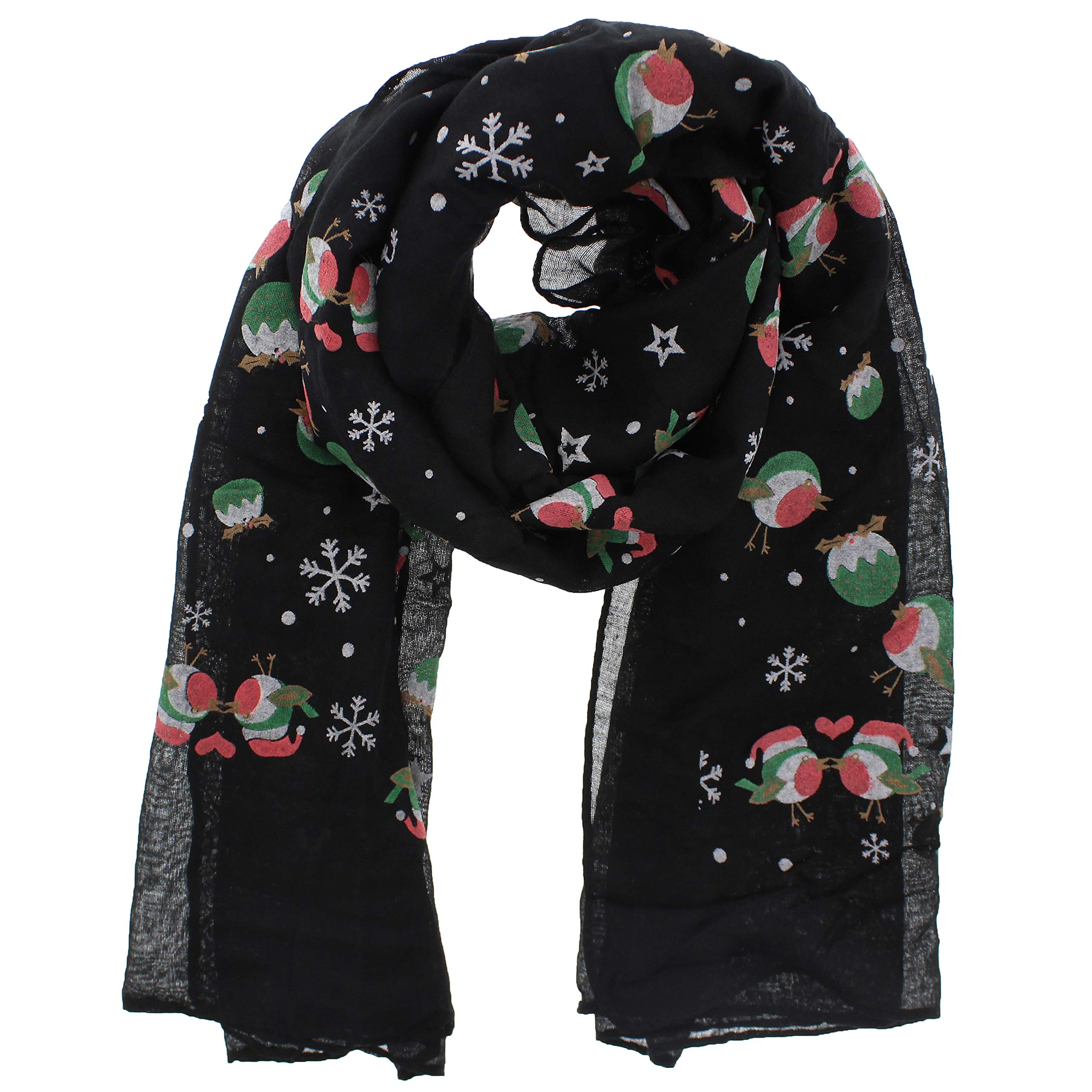 Zac's Alter Ego Women's Black Christmas Scarf With Robins, Stars & Snowflakes Print
