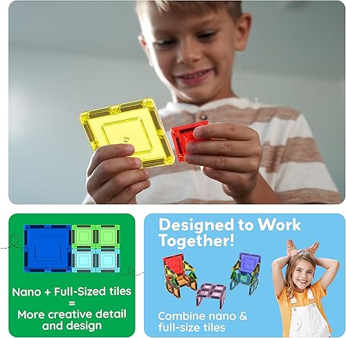 Miniatura 5 de PicassoTiles Juego de 40 piezas de bloques de construcción de azulejos magnéticos nano mini, juego de juguetes de viaje con estuche de