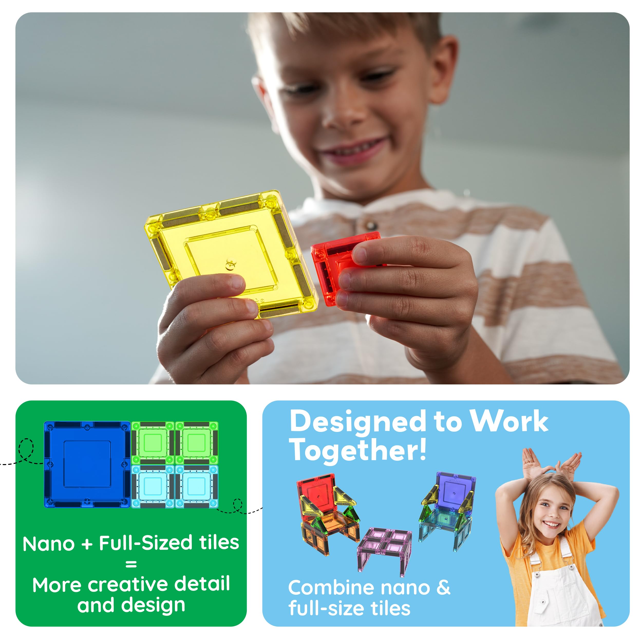 PicassoTiles Juego de 65 piezas de bloques de construcción de juguete portátil de tamaño de viaje nano magnético con bolsa de almacenamiento STEM Montessori para aula, azulejos magnéticos apilables