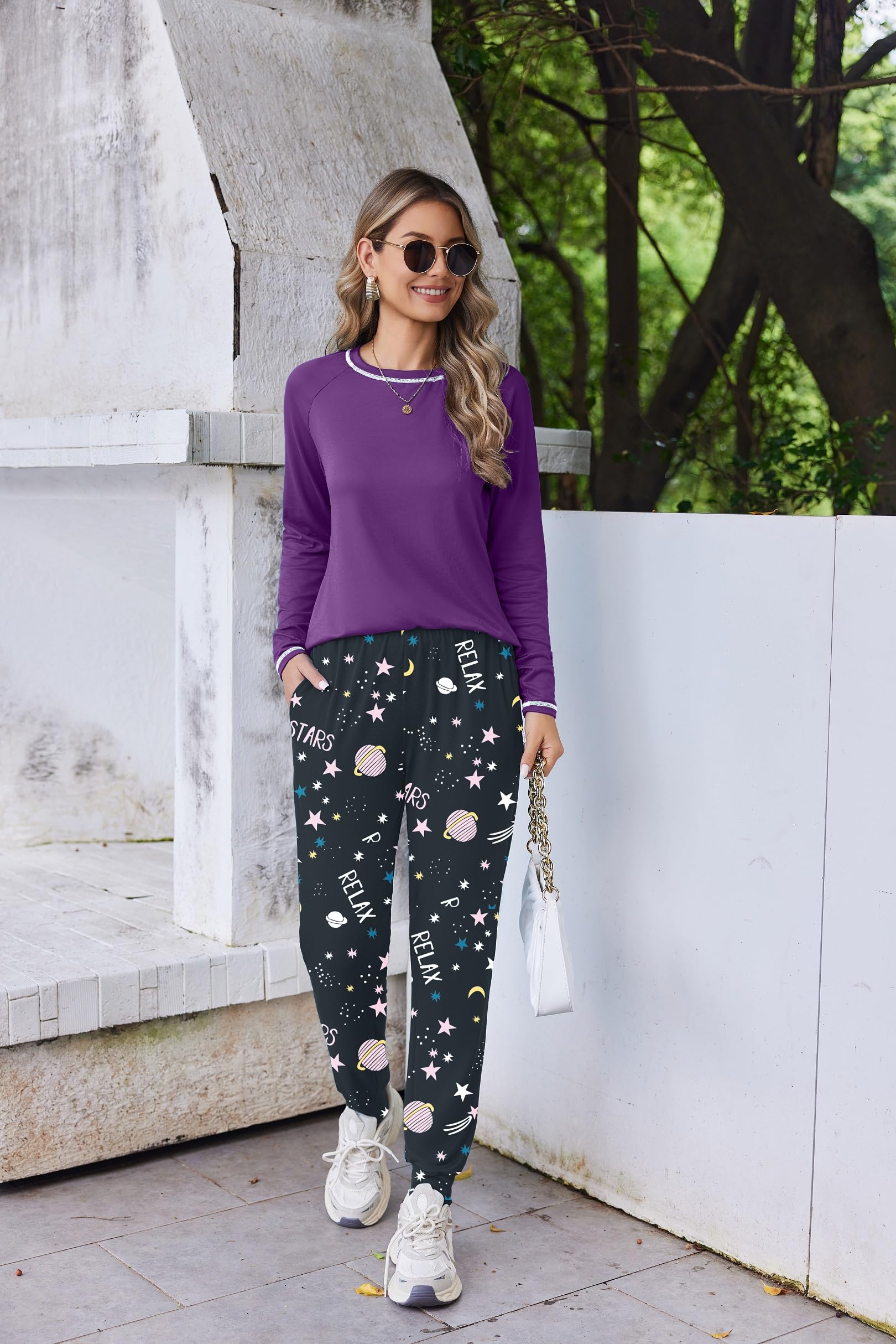 Ekouaer Pigiama Set Donna Manica Lunga Abbigliamento da Notte Lungo Pigiami Invernale Girocollo S-XXL