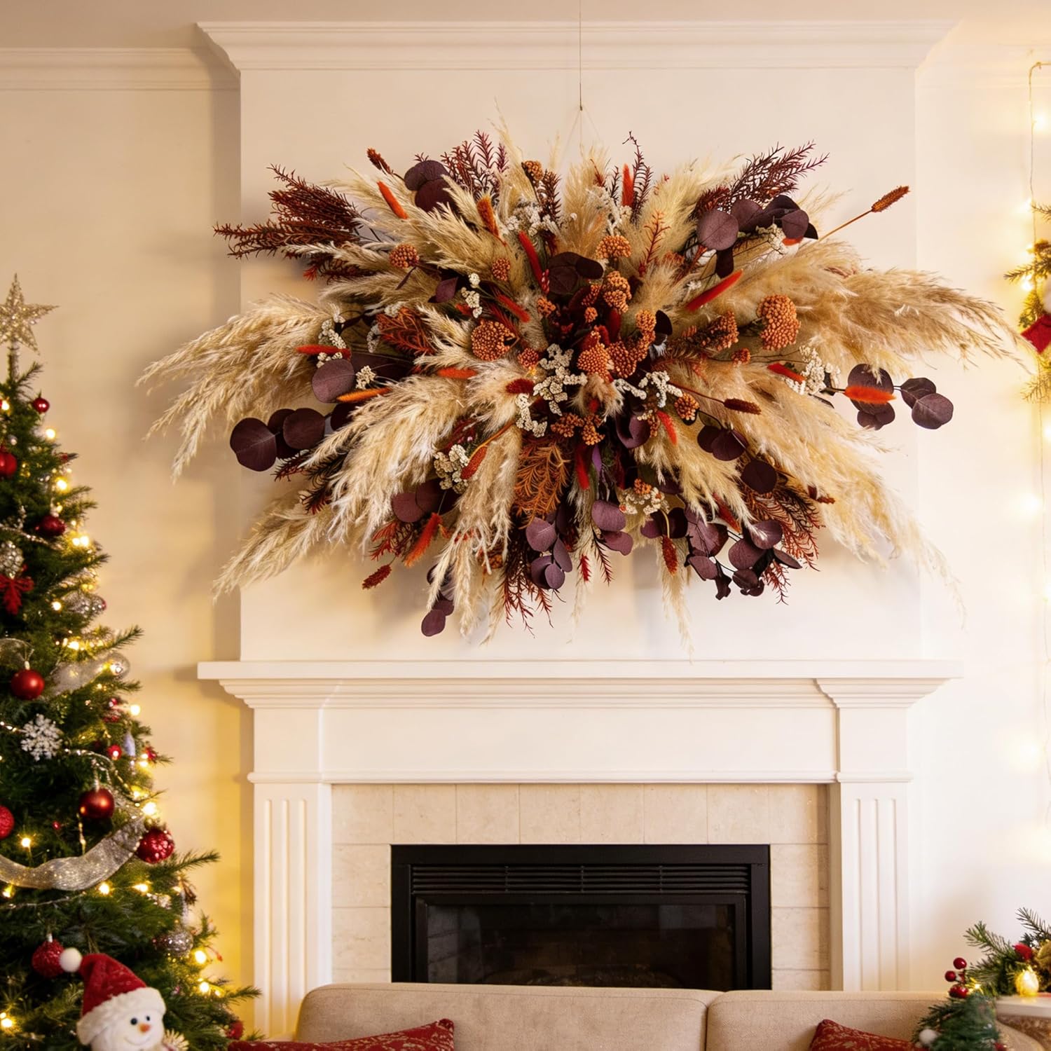 Boho Fall Dried Flower Wall Decor Kit, Orange Floral Arrangement with Bunny Tails and Mini Pampas, Natural Hanging Bouquet-Pack of 1