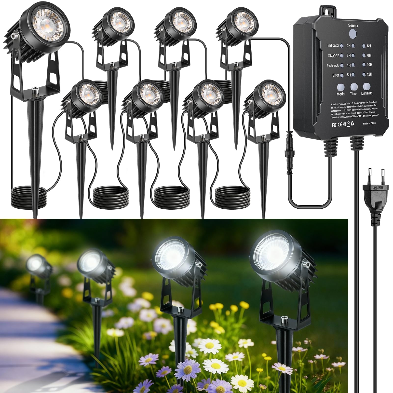 LightingWill Zewnętrzne oświetlenie ogrodowe LED z palikiem, 8 sztuk, oświetlenie 24 V z czujnikiem zmierzchu i timerem, zimna biel 5000-6000 K, IP65, do ścieżek, tarasu i ogrodu