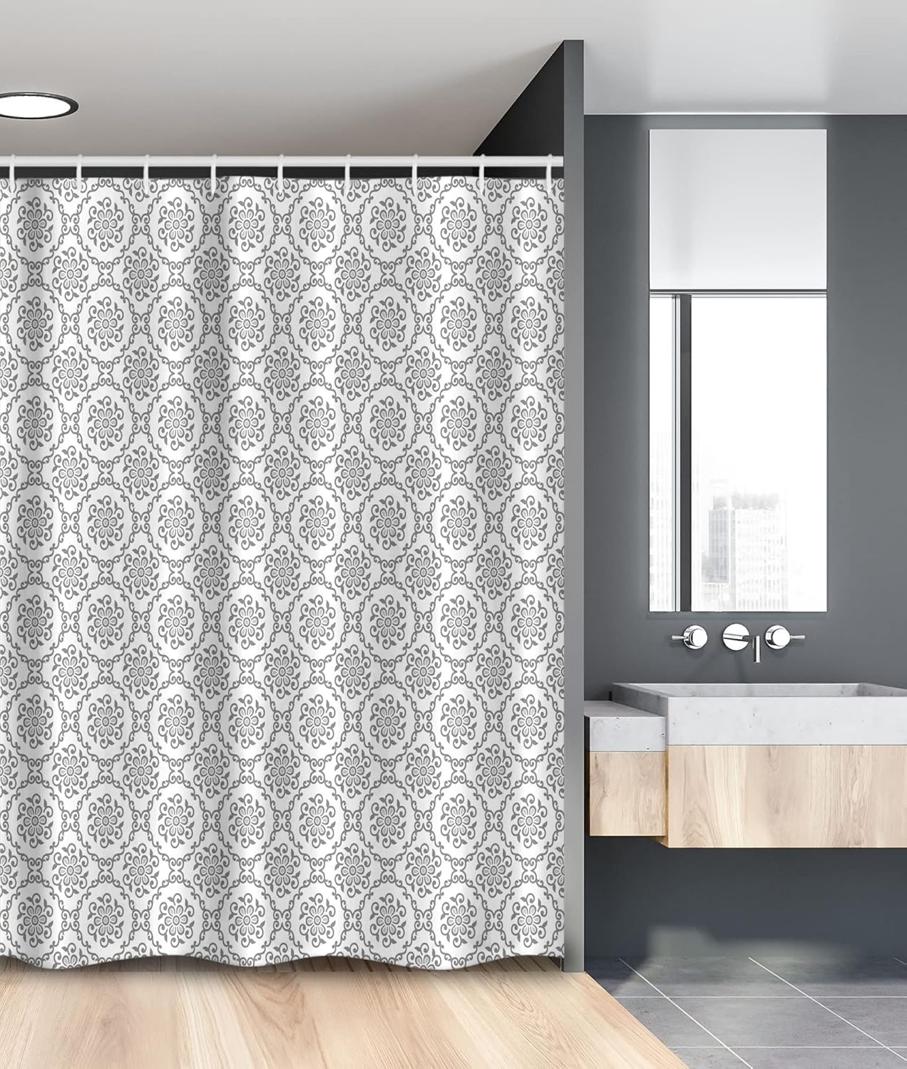 Ambesonne Floral Stall Shower Curtain, Classic Plants Design Theme Monochrome Illustration Vintage Pattern, Fabric Bathroom Decor Set with Hooks, 54" W x 78" L, White and Grey