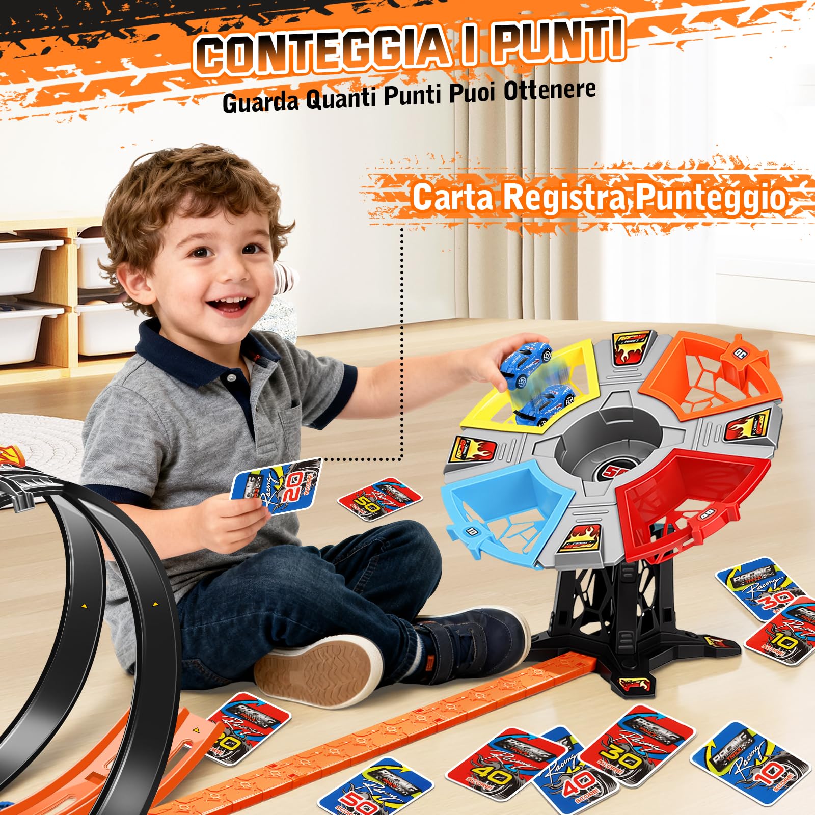 Charmofun Giocattolo Piste da Corsa, Circuito di Corse mit Pista Loop Rotante, Pista Slot per Bambini, Giocattolo da Corsa Regalo per Ragazzi 3 4 5 6+ anni