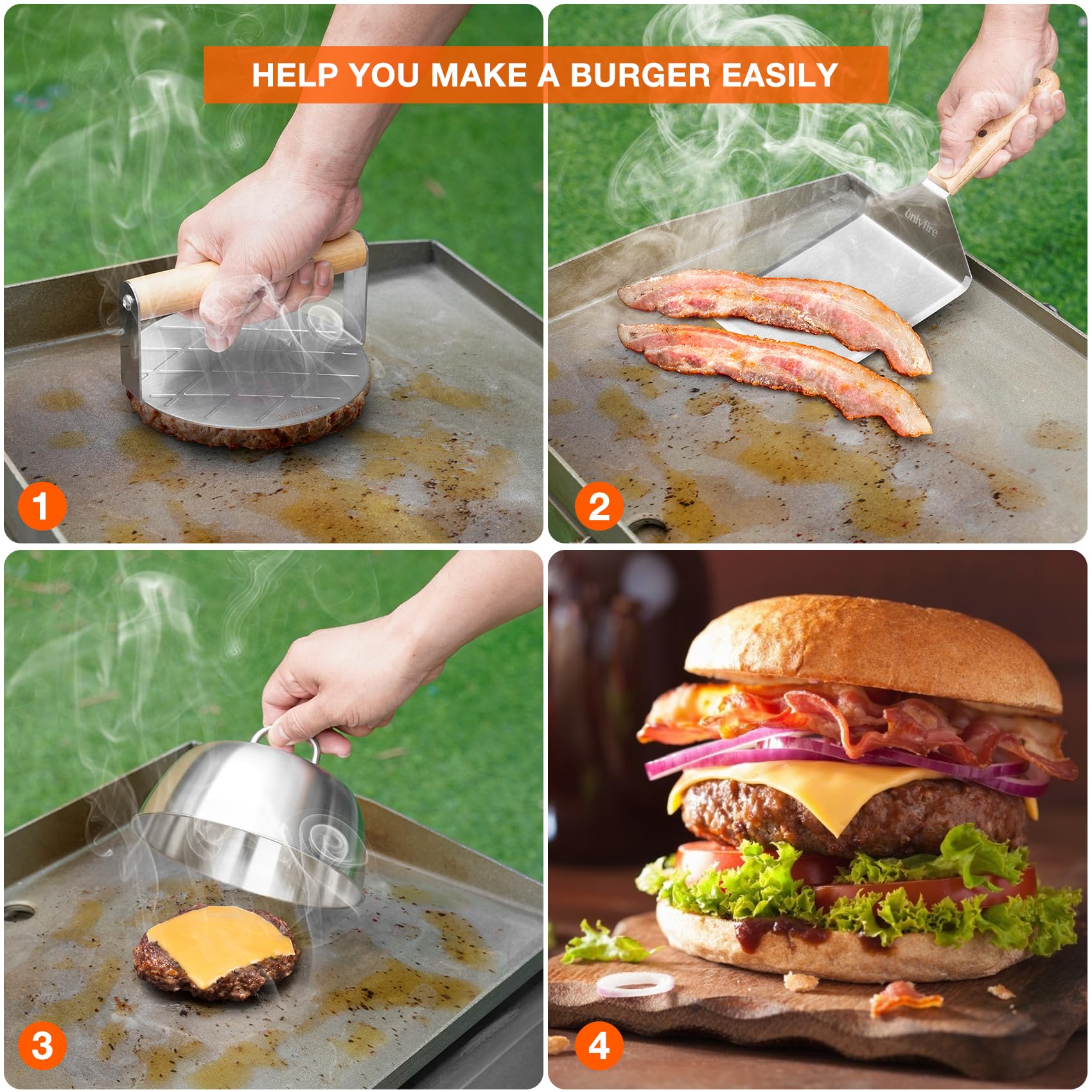 Kit de accesorios para plancha, 4 piezas, cúpula de fusión de quesos y kit de prensa de hamburguesas, cubierta de hilvanado de 6 pulgadas con triturador de hamburguesas y espátula para 7