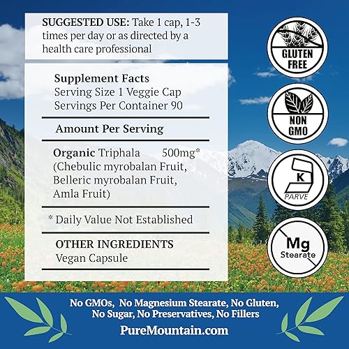 Miniatura 2 de Pure Mountain Botanicals Triphala Cápsulas 90 cápsulas veganas kosher ahora con 500 mg mezcla orgánica de fruta india Amla