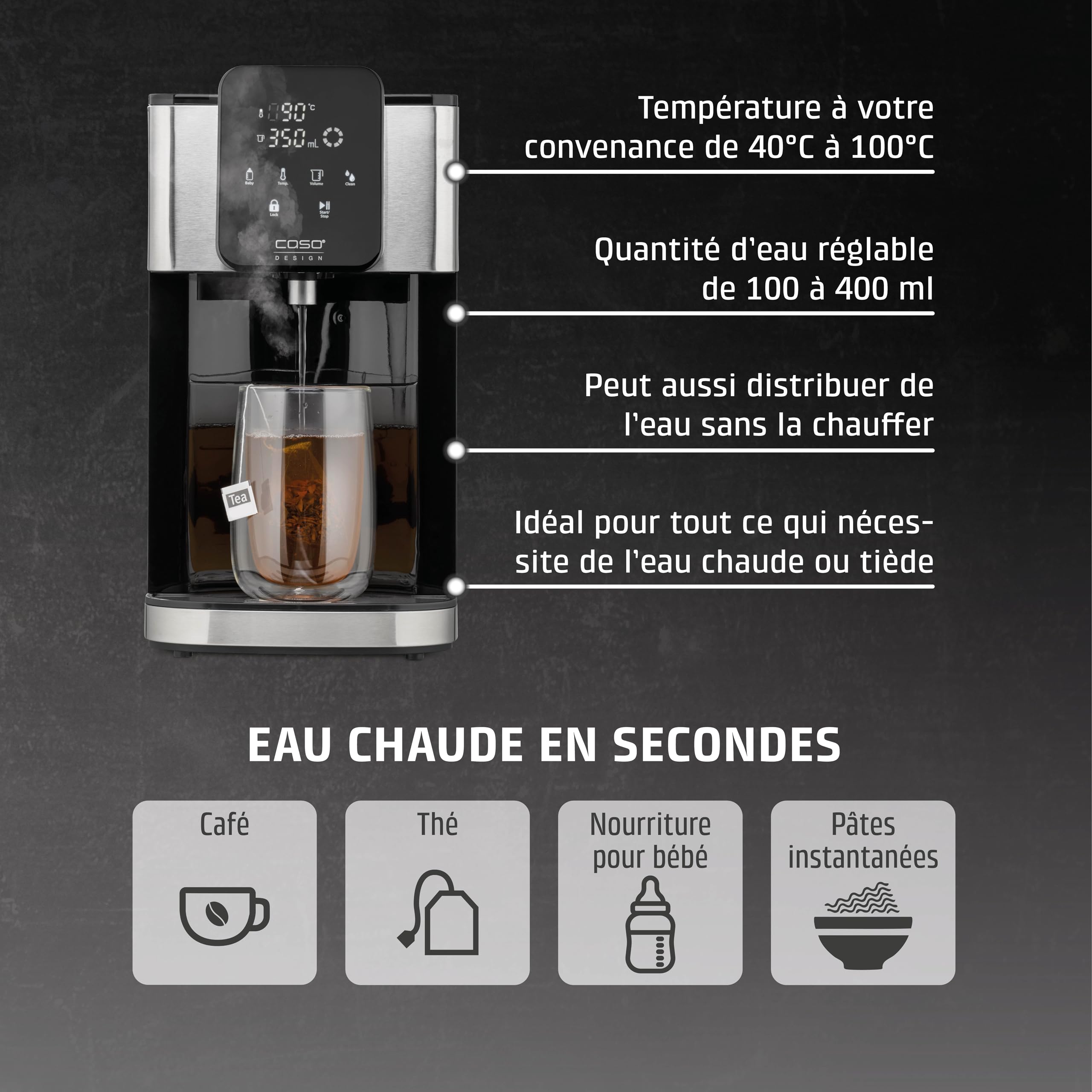CASO HW 1660 Distributeur d'eau chaude - de l'eau chaude en quelques secondes, réservoir d'eau amovible de 4 litres, de 40 à 100°C, Idéal pour les familles et les restaurateurs