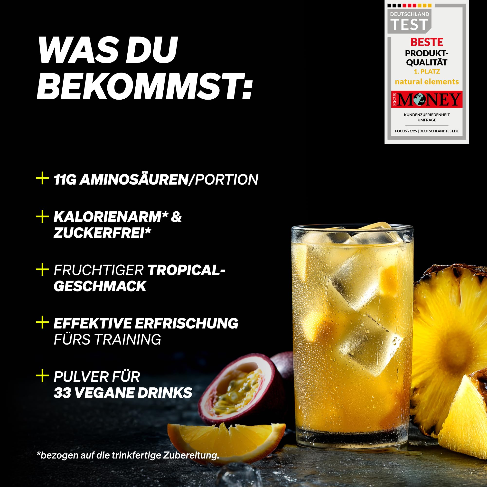 EAA Pulver – 500g – Tropical Flavour – alle 8 essenziellen Aminosäuren + Histidin – zur Zubereitung von Sport-Drinks – vegan, zuckerfrei* – in Deutschland entwickelt & laborgeprüft