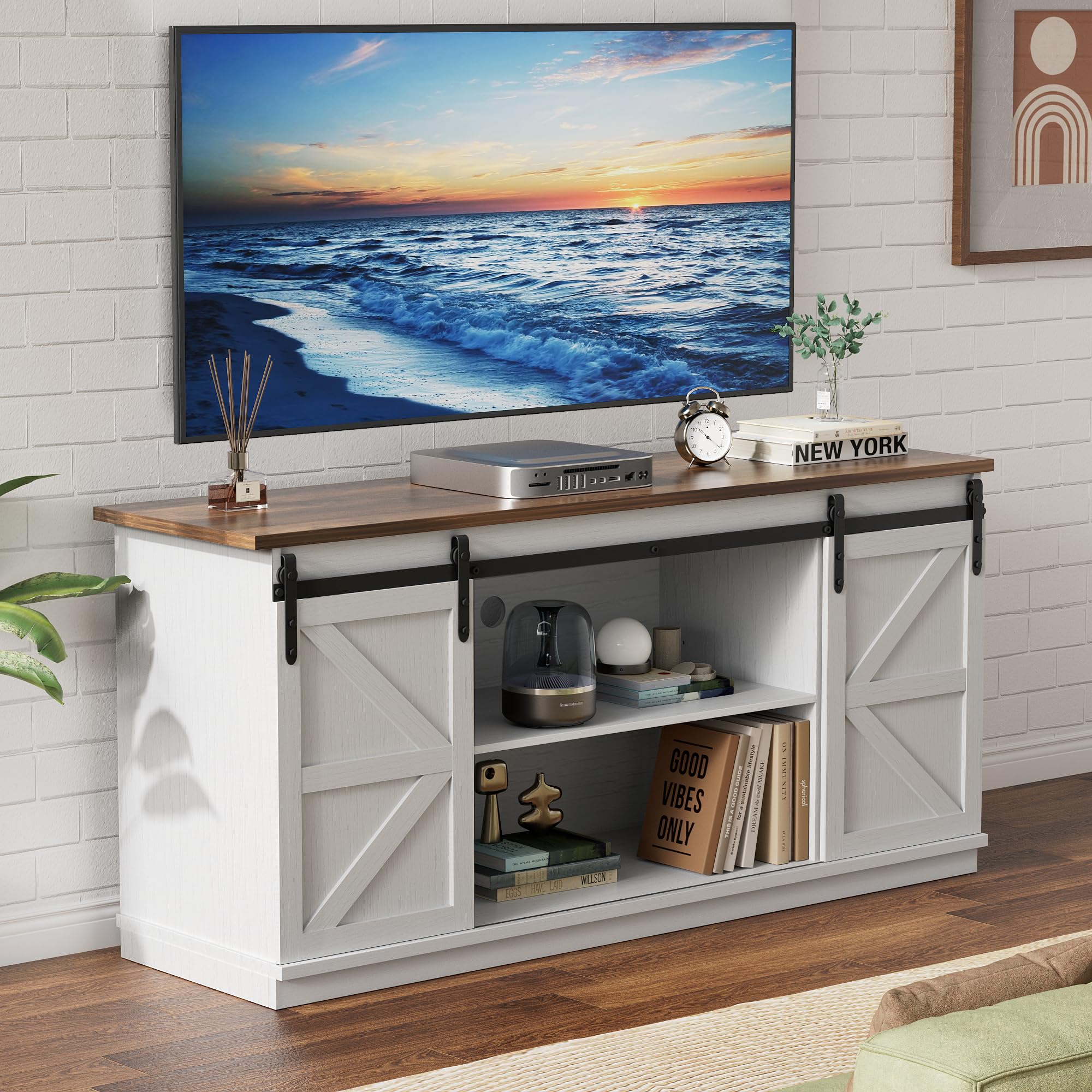 yeshomy farmhouse tv stand for televisions up to 65 inches sliding barn doors and storage cabinets console table and media furniture for living room 58 inch milk white