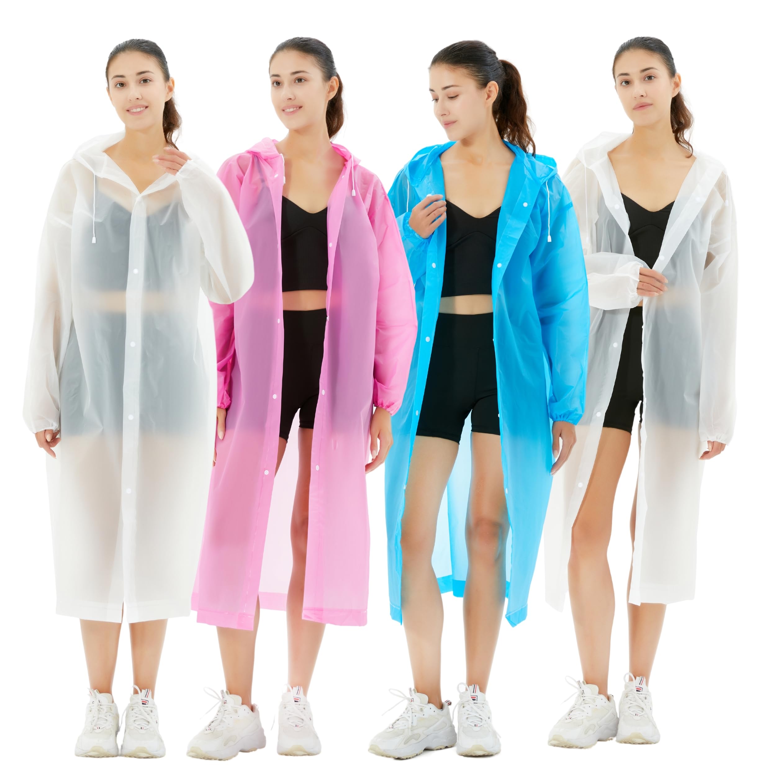PVWSGRain Ponchos for Adults, 4Pcs Unisex Reusable Ponchos Family Pack with Drawstring Hood