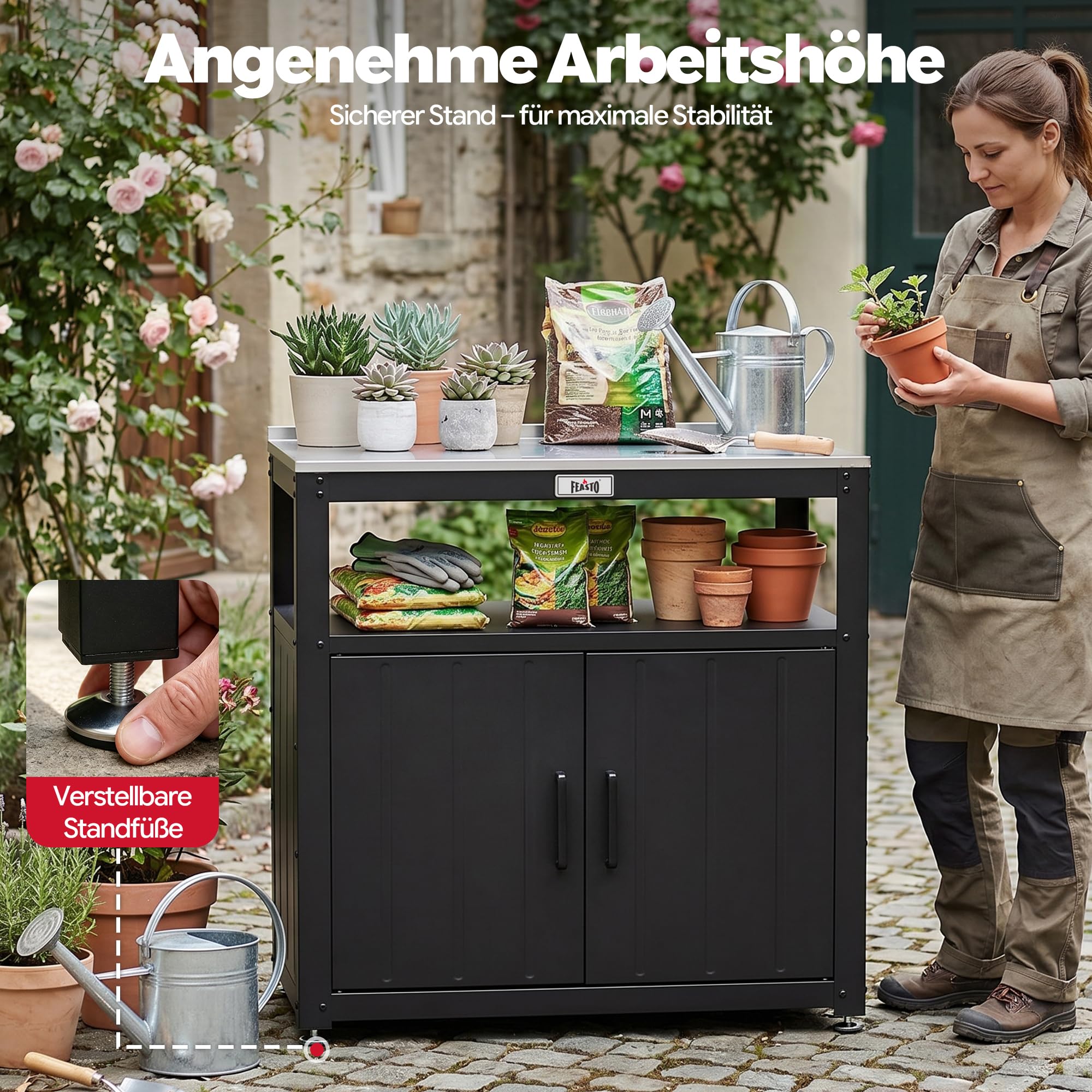 Feasto Pflanztisch mit Unterschrank, Gartenschrank wetterfest Outdoor mit Edelstahl - Arbeitsplatte, für Garten & Terrasse, 80x45x82cm