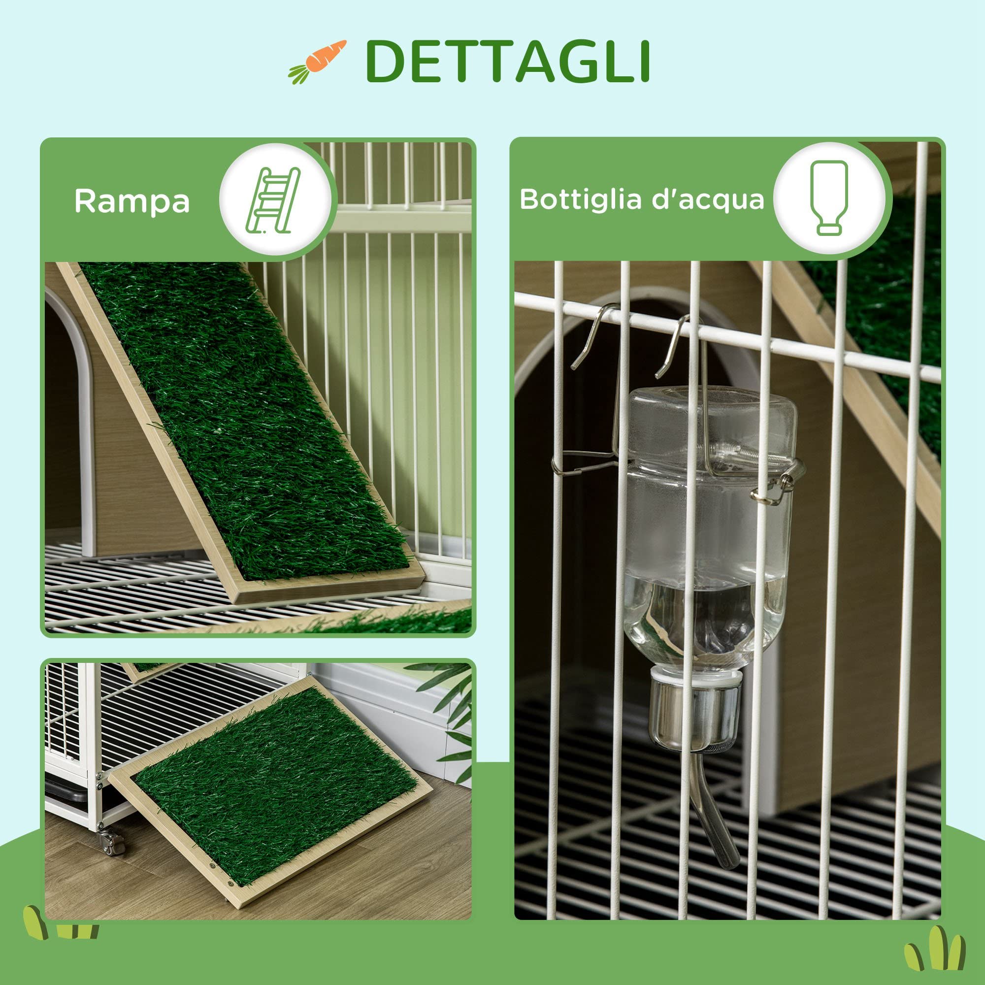 PawHut 2 IN 1 Conigliera in Truciolato e Acciaio con Vassoio Estraibile e Serbatoio d'Acqua, 78x52.5x76.5 cm
