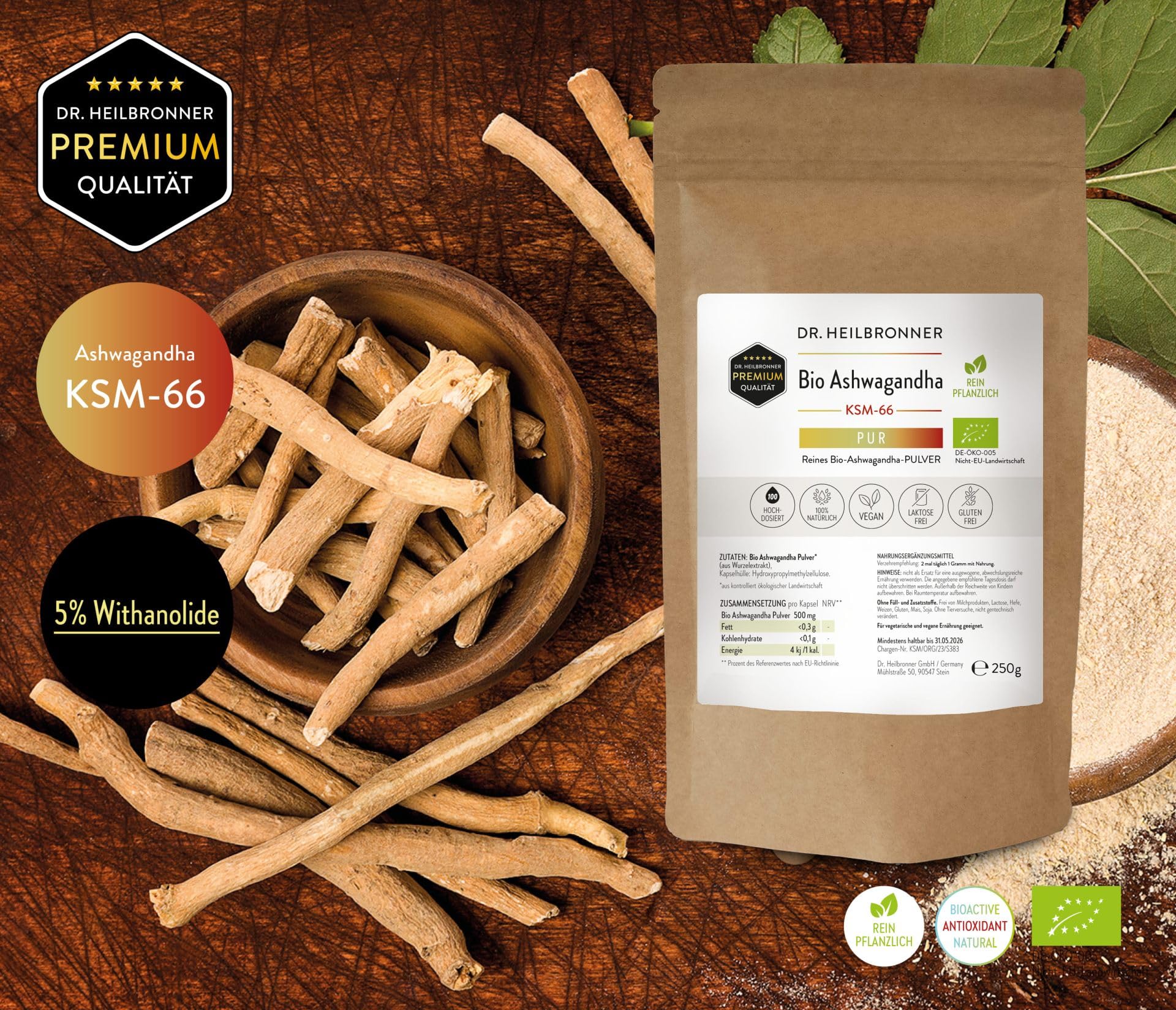 Dr. Heilbronner Bio Ashwagandha PUR Pulver KSM-66 – 250g