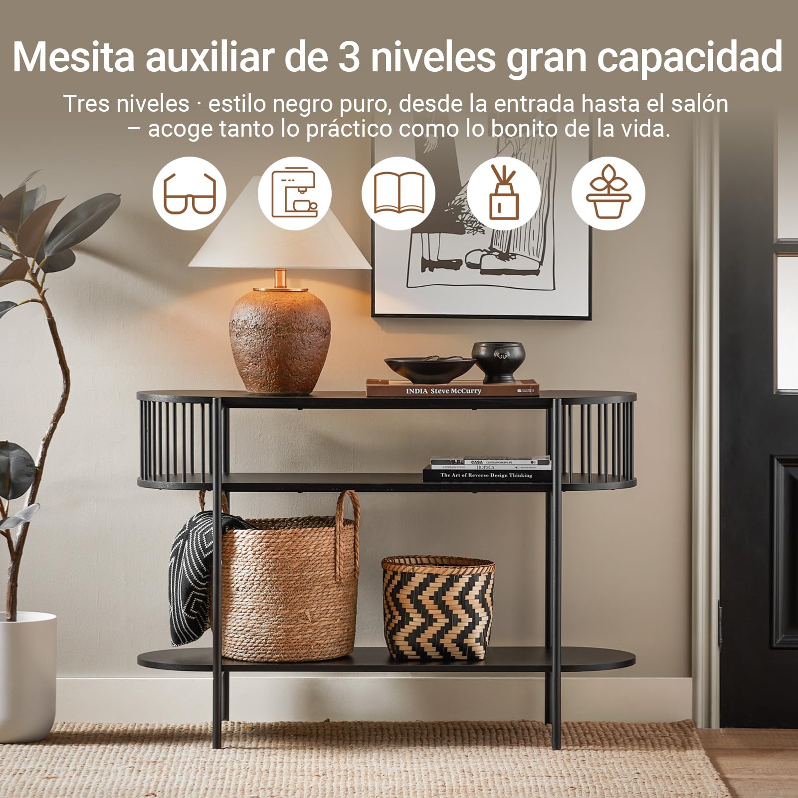 SoBuy Consola Entrada Moderna Mueble Recibidor Estrecho con Almacenamiento, Mesa Consola de Metal Negro, Estilo Industrial para Entrada, Salón u Oficina, 110×39×76 cm FSB90-SCH | Mueble de pasillo para entrada o sala de estar, gran capacidad para familias