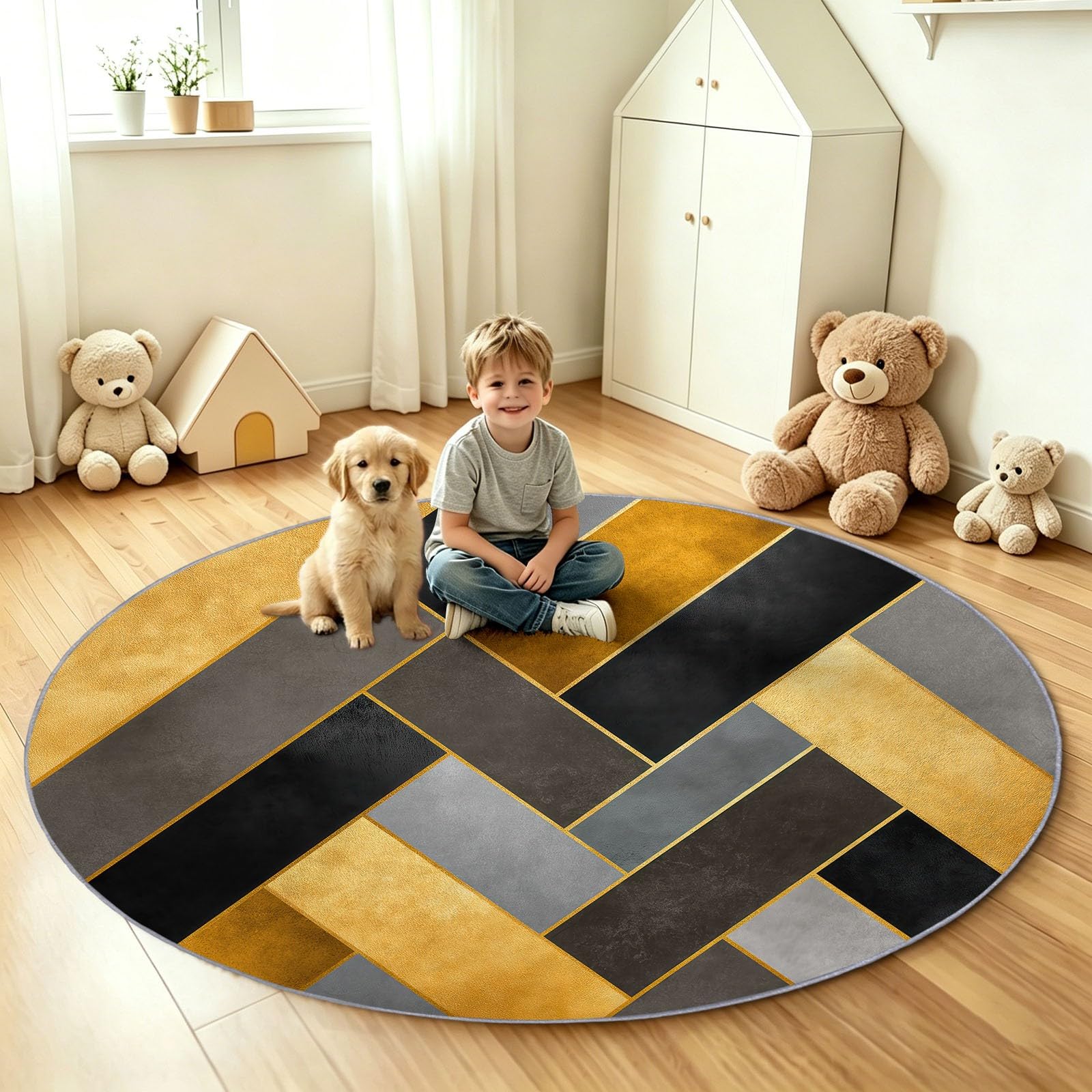 Tappeto rotondo moderno geometrico, 90 cm, morbido, lavabile in lavatrice e pieghevole, per soggiorno e camera da letto, non perde pelo, motivo patchwork a righe diagonali, per sala da pranzo