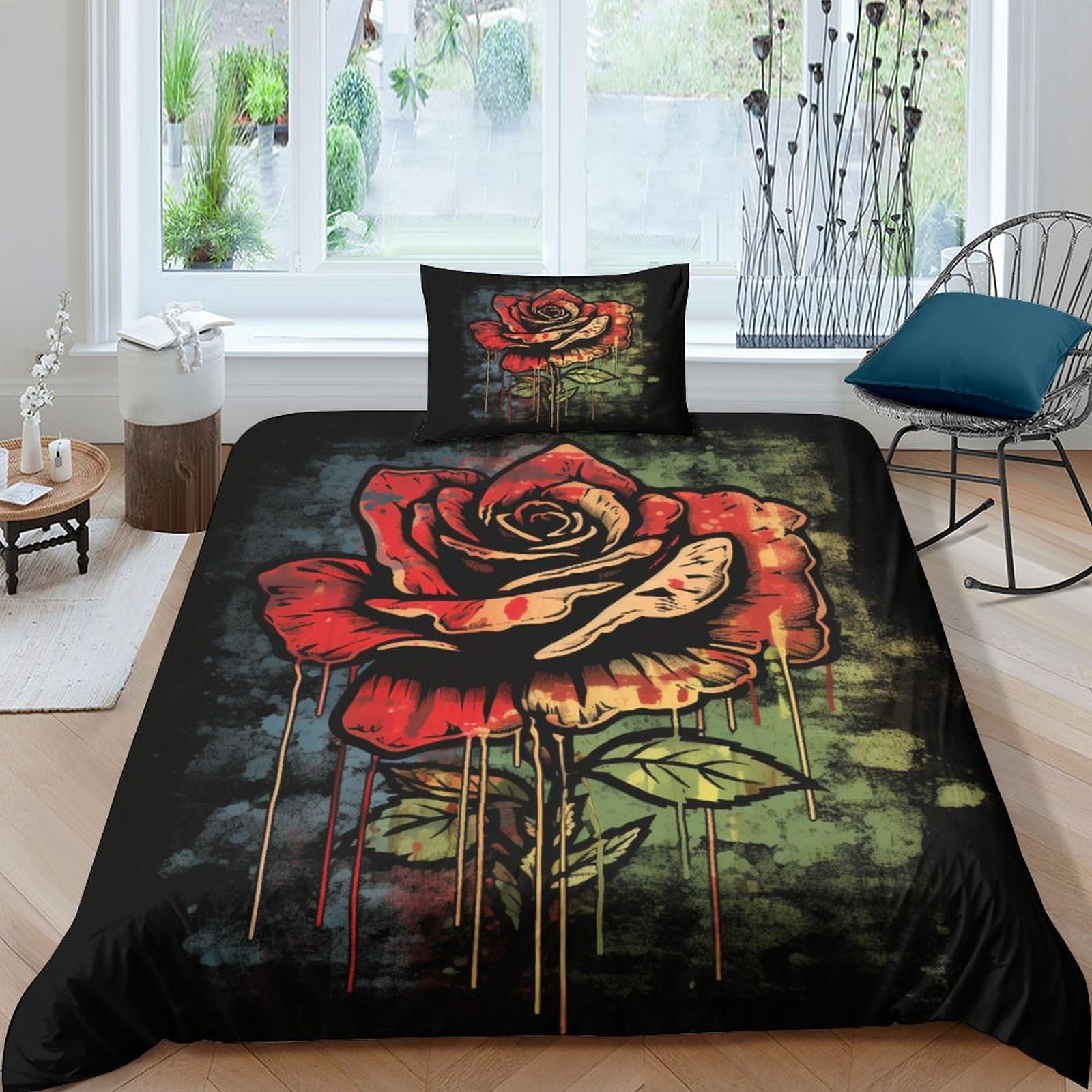 Housse de couette roses anciennes fermeture éclair pour lit simple sans repassage