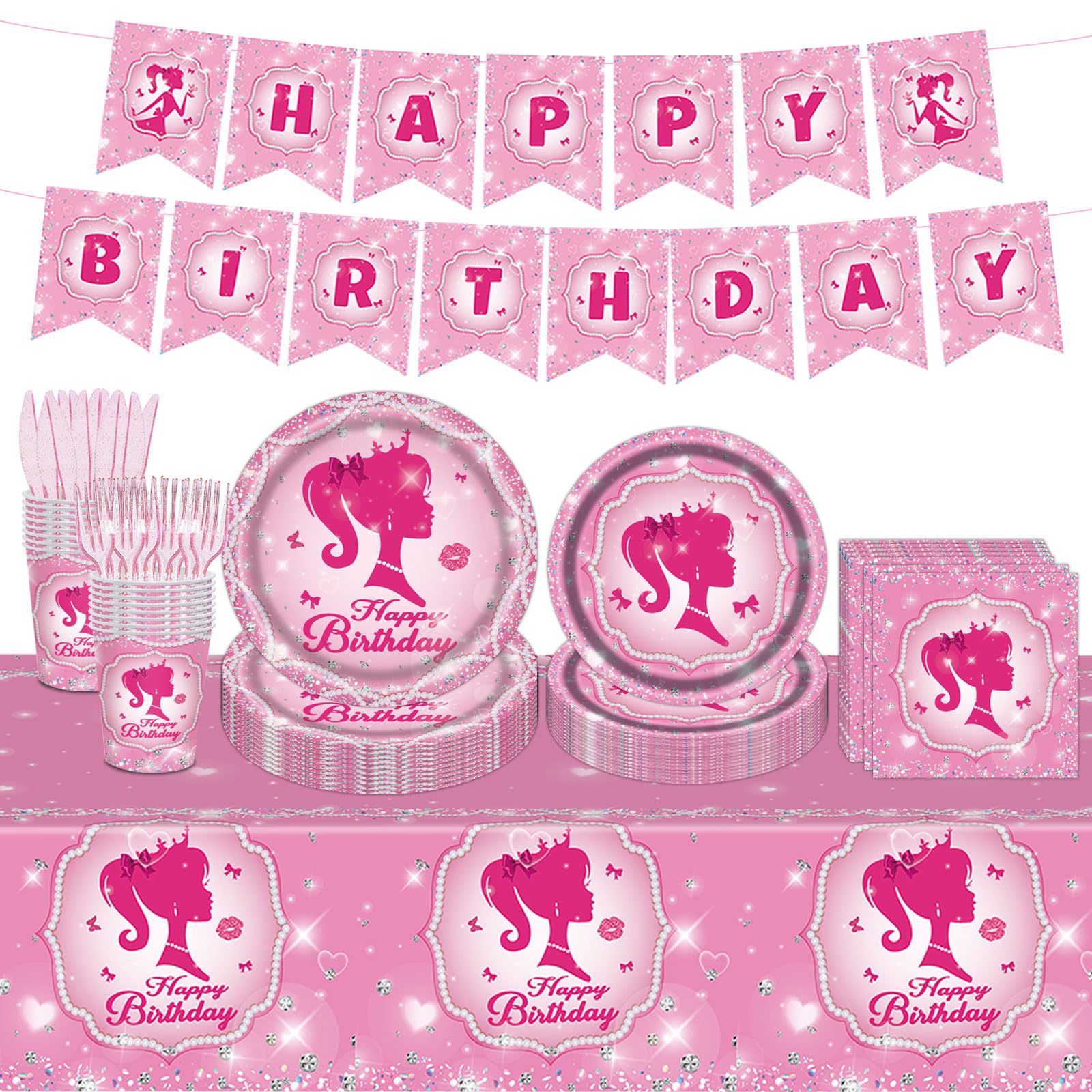 Poqirzan 98PCS Pink Girl Birthday Party Supplies Hot Pink Party Tableware Set Sweet Girls Birthday Baby Shower Decorations Princess Paper Plates and
