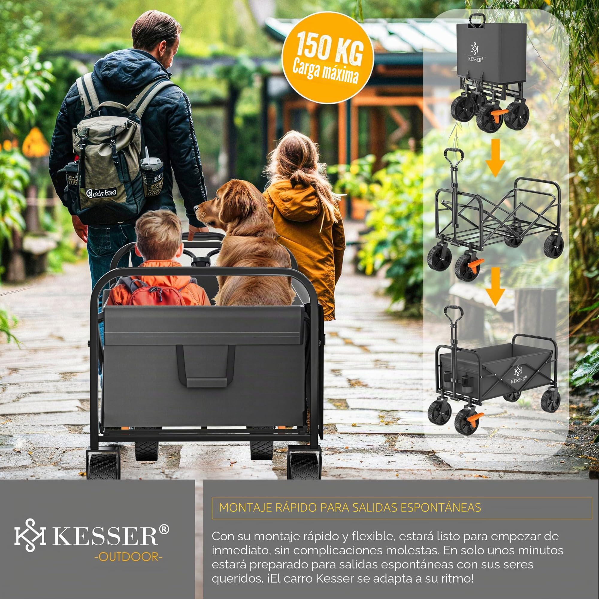 KESSER® Carro de mano plegable con capacidad de carga máxima de 150 kg y neumáticos de PVC de 360°, incluye 2 bolsillos de red, bolsillo lateral y cubierta, carro de transporte para jardín sin techo