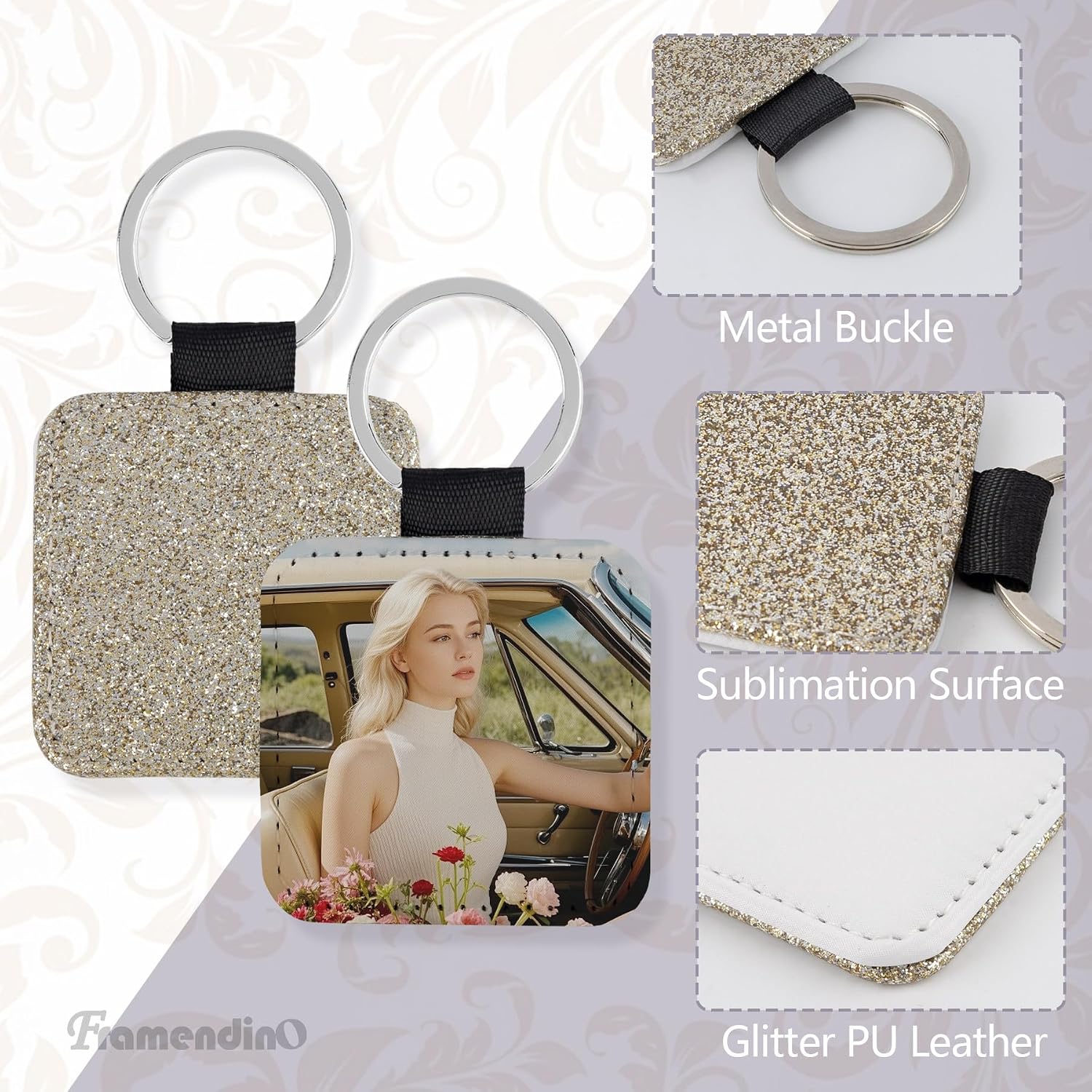 Framendino, 16 Pack Sublimation Blank Keychain Glitter PU Leather Square Rectangle Heat Transfer Key Chain for DIY Craft Making(Gold)