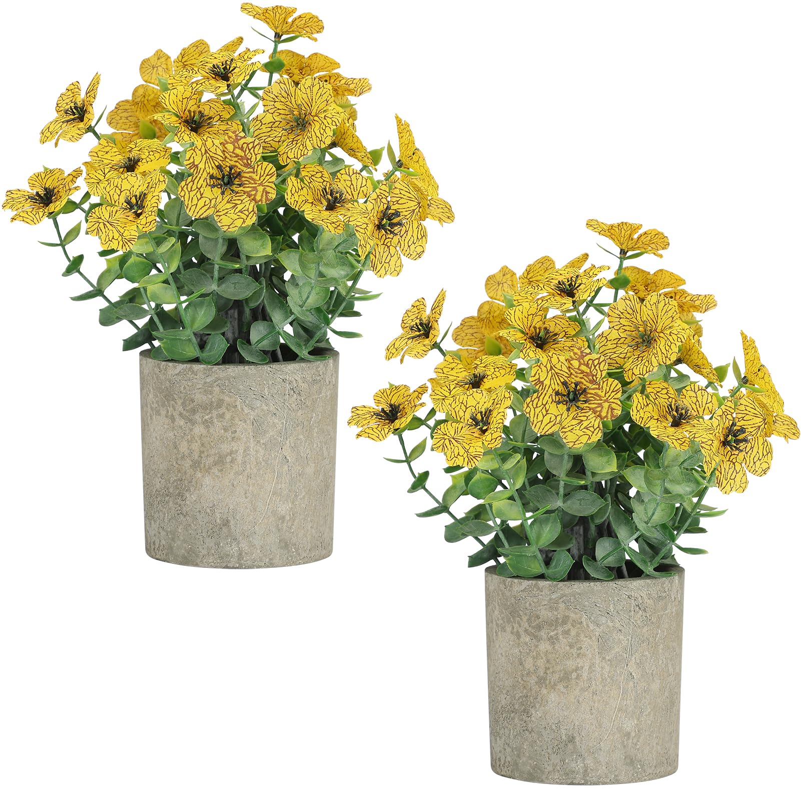 Photo 1 of 2 Pack Small Fake Plants Potted Artificial Plants Artificial Flowers Potted Faux Flower Daisy with Eucalyptus Leaves for Home Decor Office Room Farmhouse Indoor Table Bathroom Decor?Yellow?