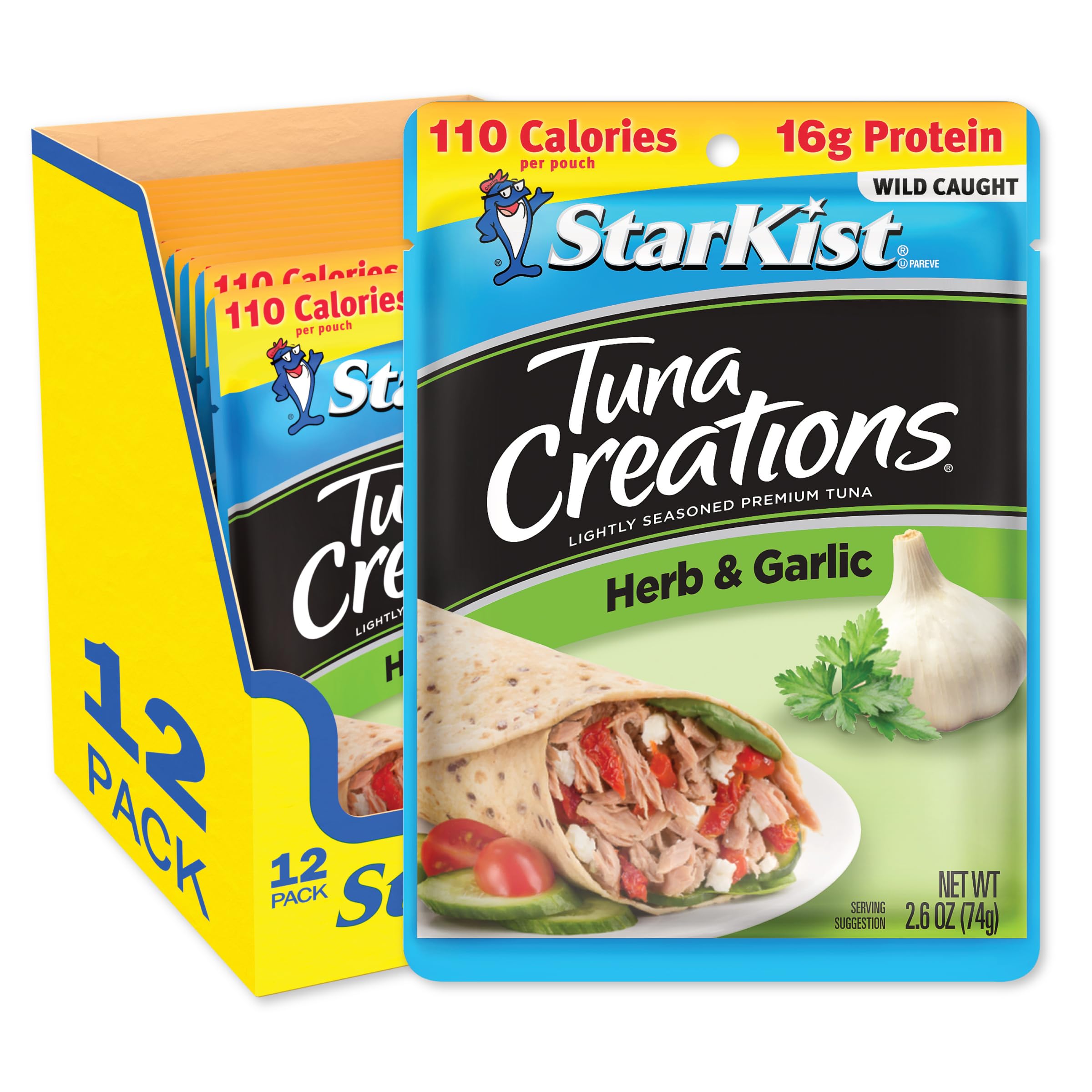 StarKist Tuna Creations Herb and Garlic, 2.6 oz Pouch (12 Pack) Ready to Eat Wild Caught Tuna, 15g Protein, 110 Calories Per Serving, Kosher, Perfect