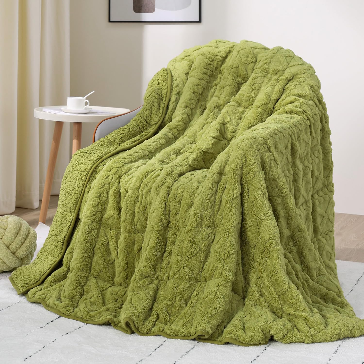 Drewin Coperta ponderata queen size 6,8 kg, morbida coperta in jacquard Sherpa con perline di ceramica, coperta invernale ultra pelosa e spessa, 152,4 x 203,2 cm, verde erba