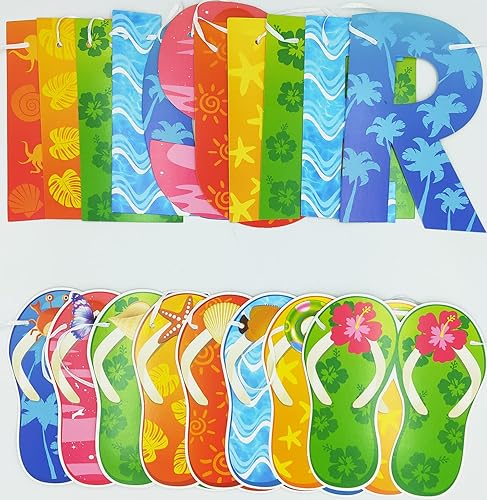 Miniatura 3 de JKQ Cartel de Hello Summer y colorido banner de verano hawaiano tropical playa piscina sandalias guirnalda banner verano vacaciones fiesta