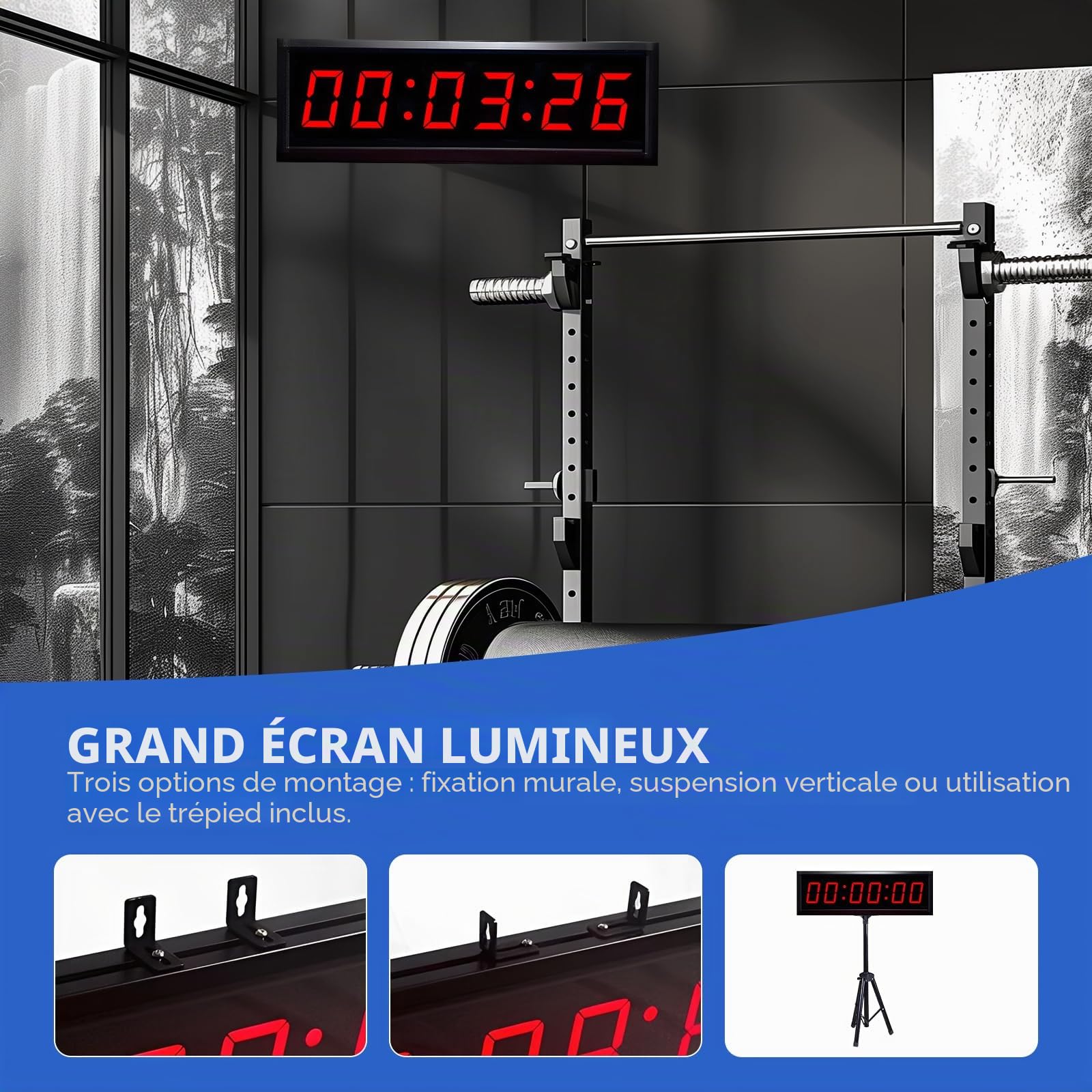 Compte à rebours - Minuteur de Gym de 2,3" - avec trépied | 6 fonctions de comptage à rebours - Télécommande - Chronomètre-Horloge numérique LED 12/24 h pour l'entraînement, le fitness