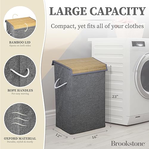 Miniatura 5 de BROOKSTONE, Cesta grande para ropa sucia con tapa, incluye asas laterales y una elegante cubierta de bambú, cesta de ropa sucia de tamaño perfecto,