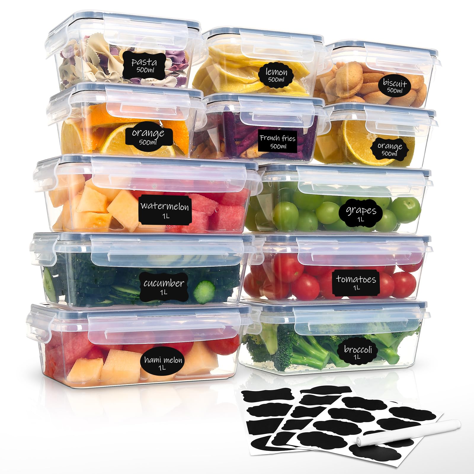 Hibisaws Set di 12 contenitori ermetici per alimenti, in plastica, senza BPA, 6 x 1 l + 6 x 500 ml, per la cucina