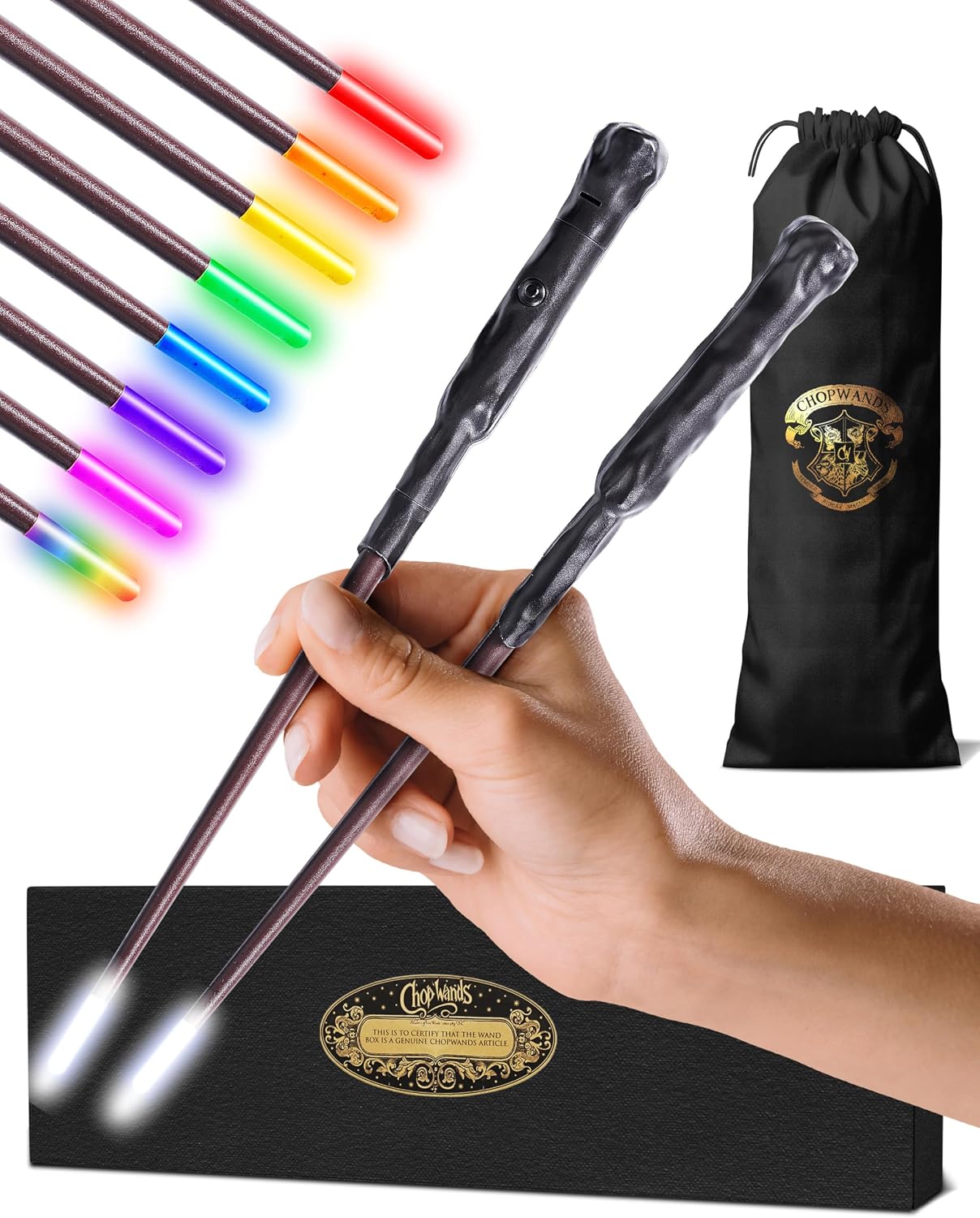 Wand Chopsticks with Light-Up LED Tips, Reusable Chopstick 12 Color Modes, Magic Wand Design, Cool Chopsticks for Adults, Cosplay Wizard Chopstick, Soft Logo Pouch and Gift Box