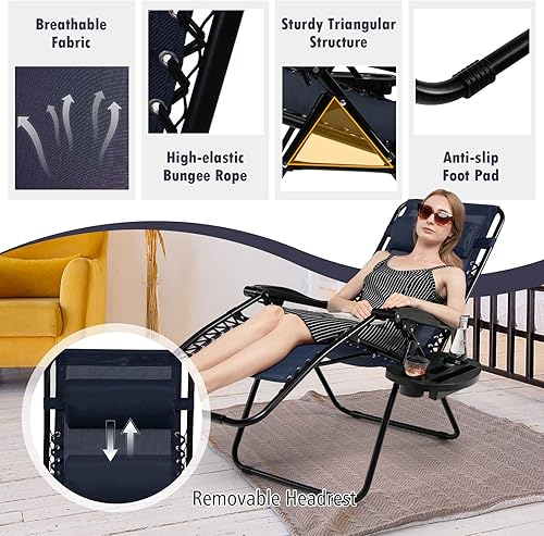 Miniatura 6 de Tangkula Juego de 2 sillas de gravedad cero, silla plegable para patio, reclinable, ajustable, con soporte para tazas, reposabrazos anchos para