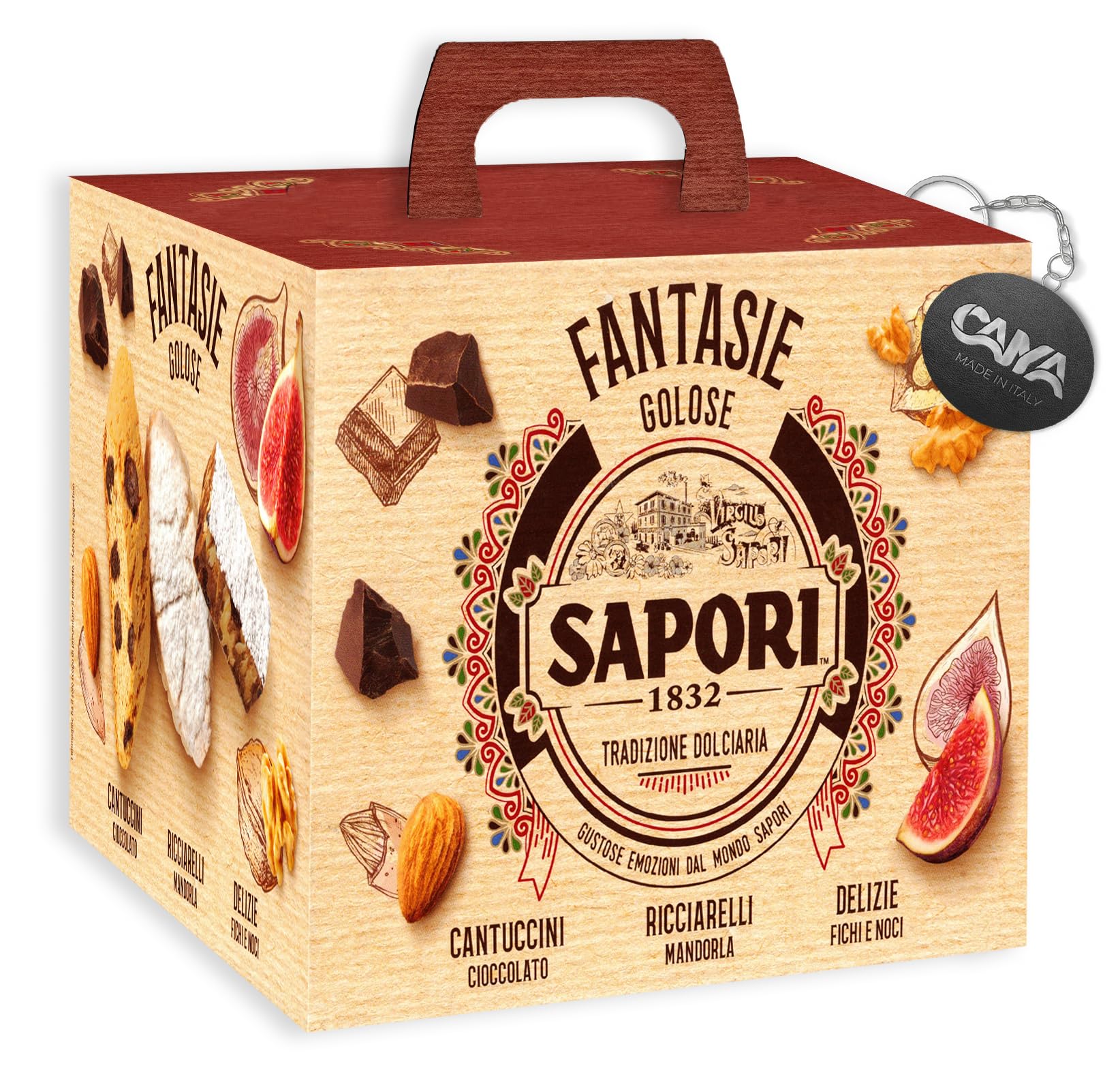 Sapori Fantasie Golose con Cantuccini al Cioccolato, Ricciarelli Mandorla e Delizie Fichi e Noci 381g con Portachiavi CAIYA® (2024)