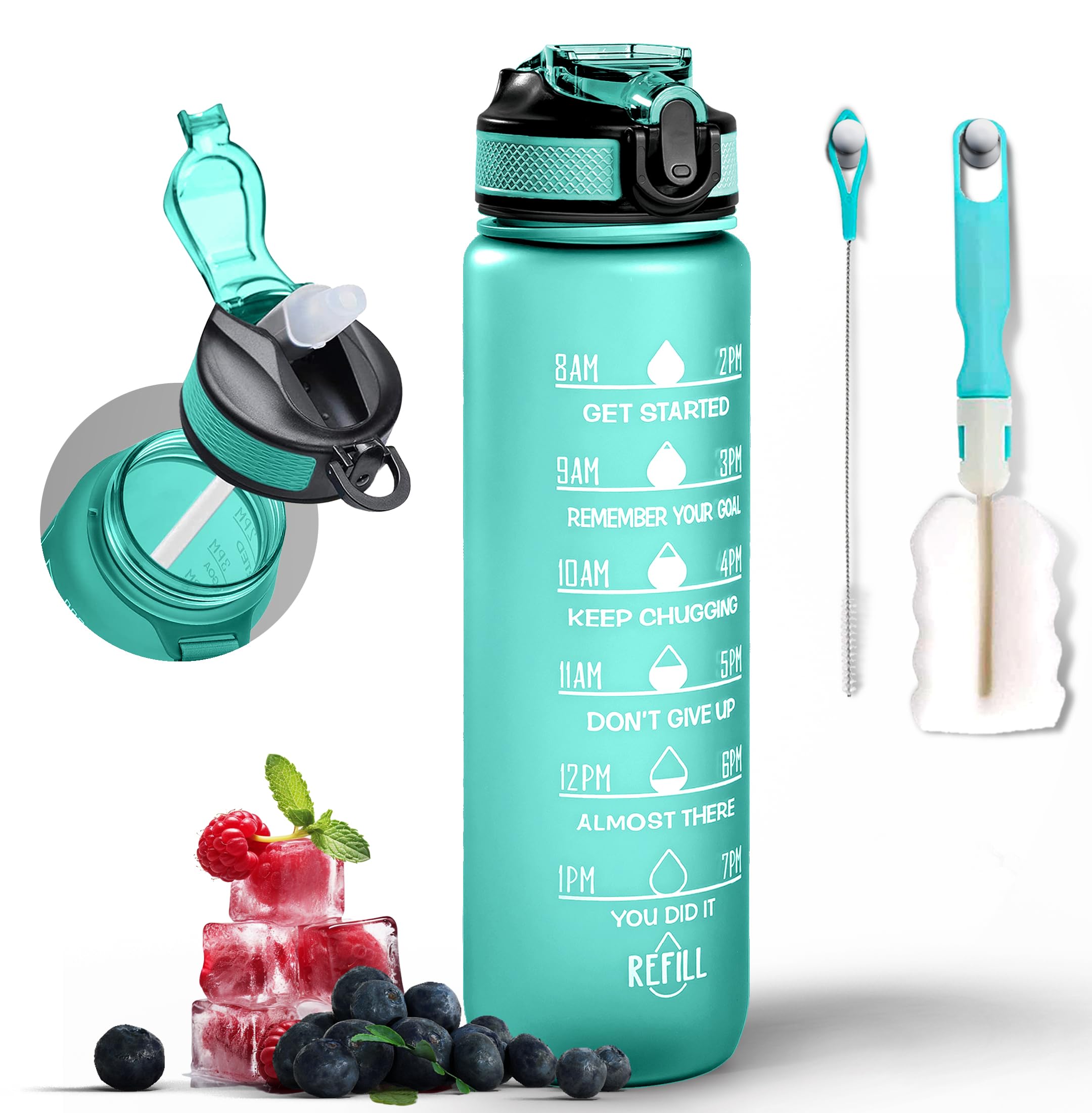K-MART Water Bottle 1000ml Sports Water Bottle with Time Marker & Straw, Dishwasher Safe Leak-proof Drink Bottle BPA Free Non-Toxic Tritan Material 1 Click Open for Running Gym (Green)